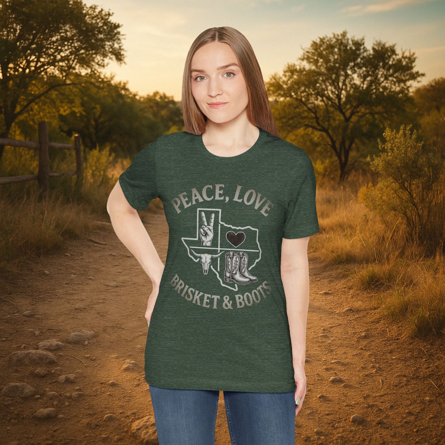 “Peace, Love, Brisket & Boots” Tee – Distressed Steel Edition