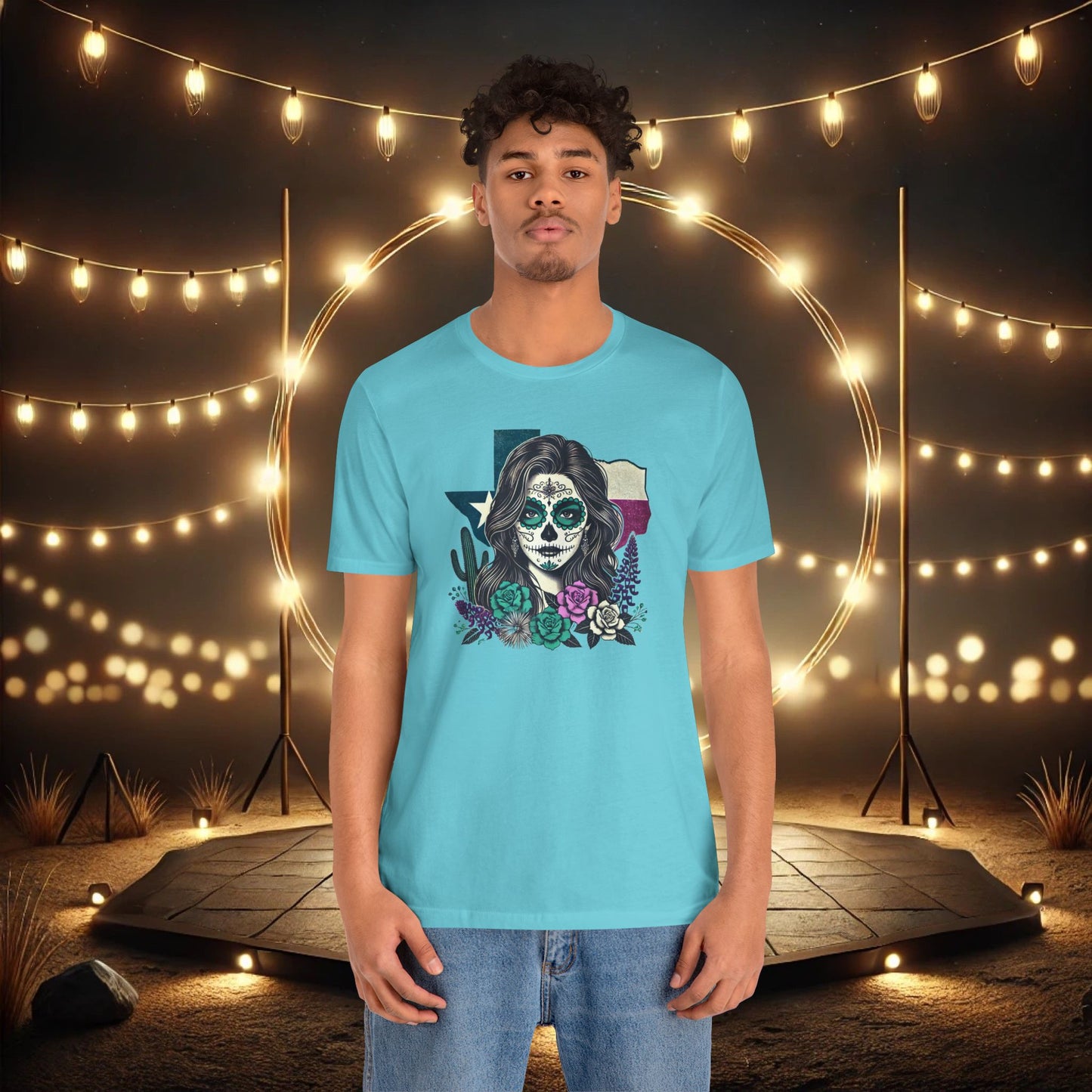 “Sugar Skull Texas Beauty” Tee - Day of the Dead inspired, Floral Design with Cactus and Roses
