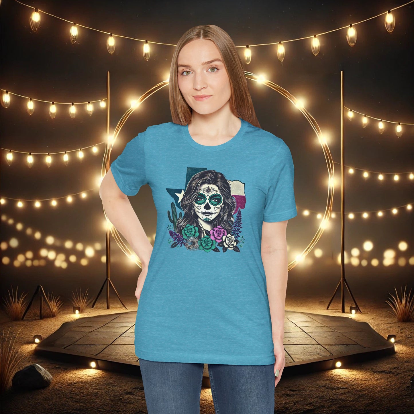 “Sugar Skull Texas Beauty” Tee - Day of the Dead inspired, Floral Design with Cactus and Roses