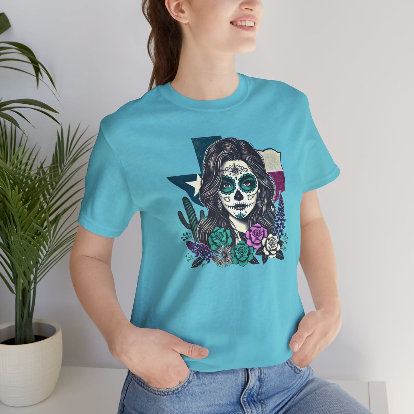 “Sugar Skull Texas Beauty” Tee - Day of the Dead inspired, Floral Design with Cactus and Roses