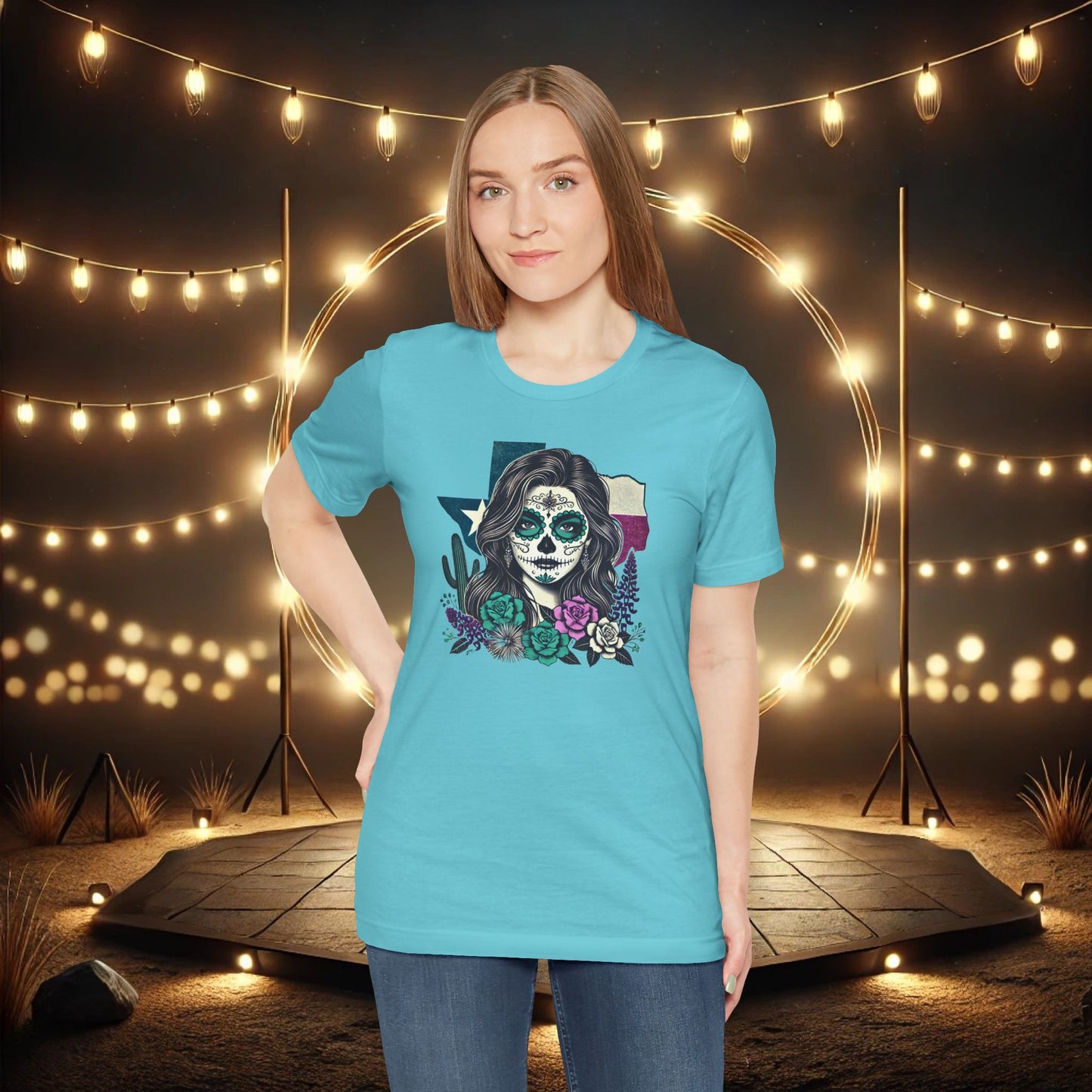 “Sugar Skull Texas Beauty” Tee - Day of the Dead inspired, Floral Design with Cactus and Roses