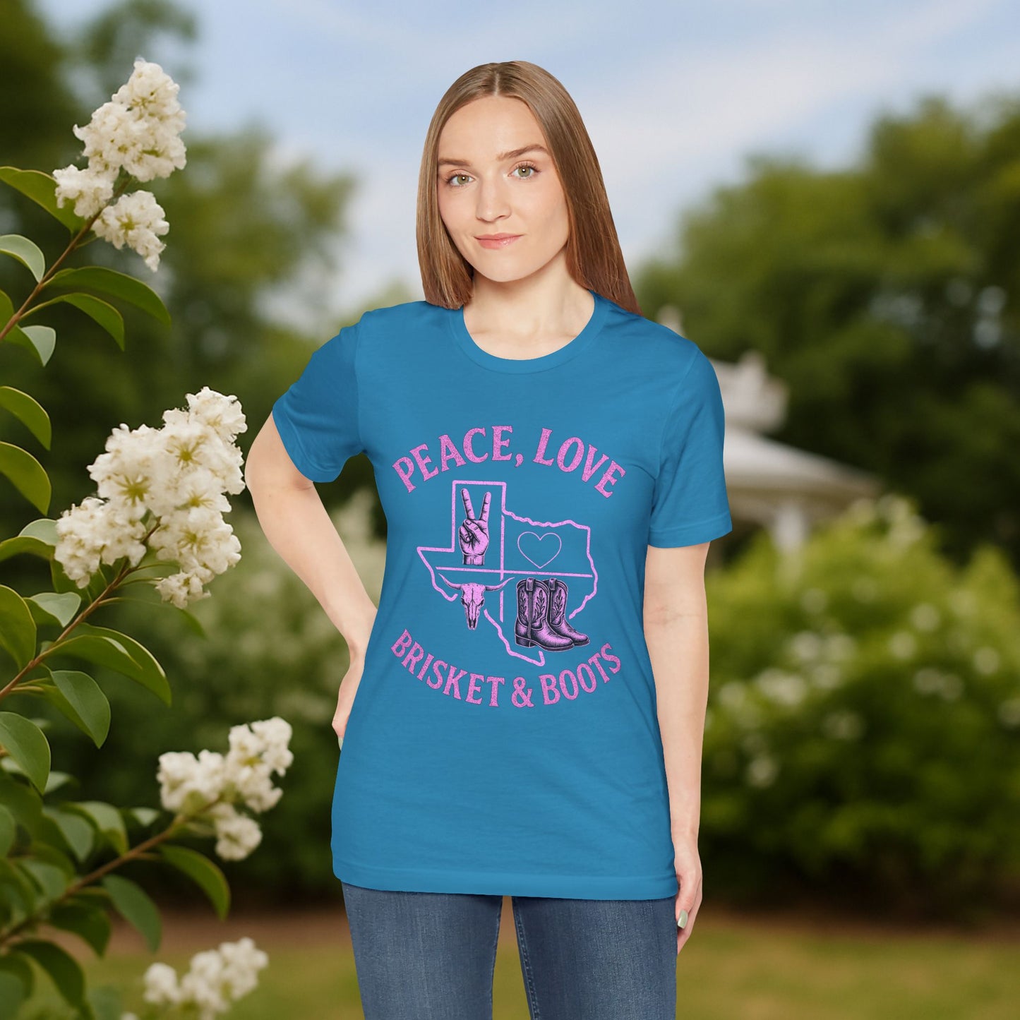 “Peace, Love, Brisket & Boots” Tee - Pink Pop Edition