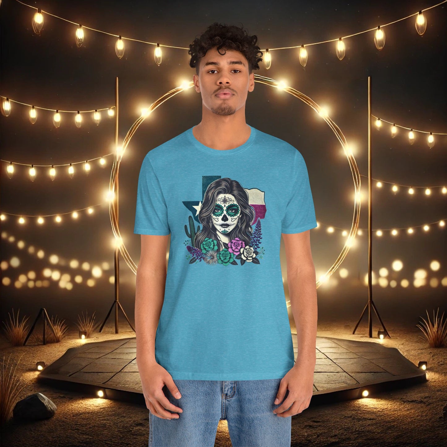“Sugar Skull Texas Beauty” Tee - Day of the Dead inspired, Floral Design with Cactus and Roses