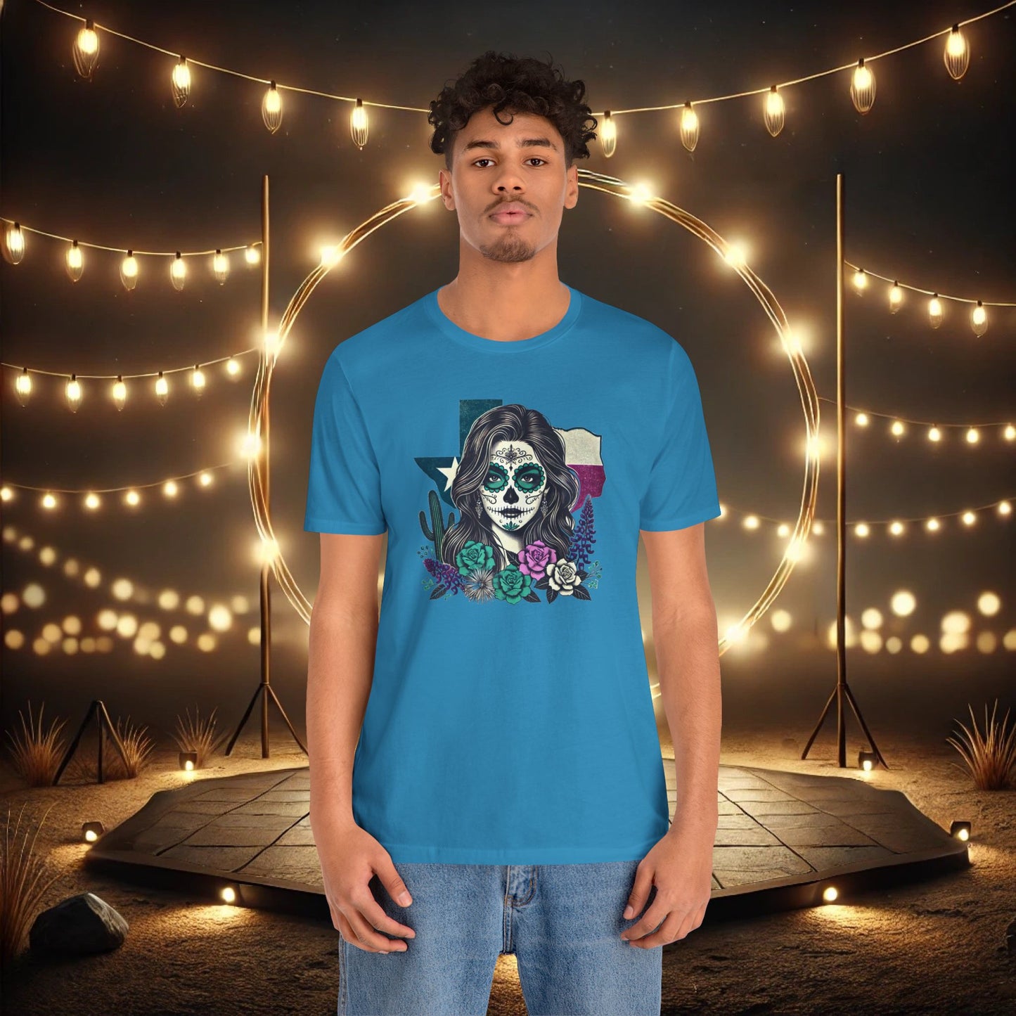 “Sugar Skull Texas Beauty” Tee - Day of the Dead inspired, Floral Design with Cactus and Roses