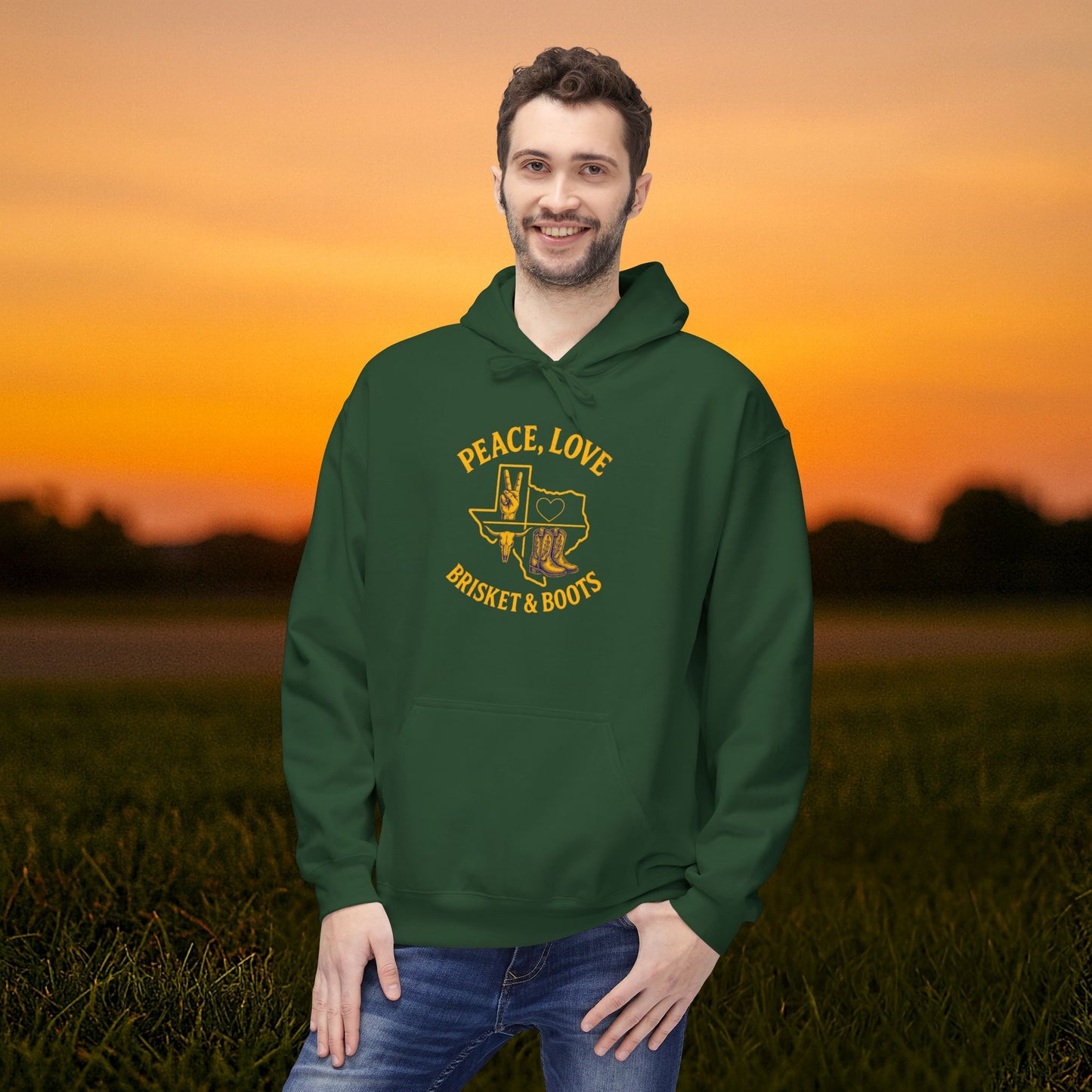 “Peace, Love, Brisket & Boots” Gildan Softstyle Hoodie – Forest Green and University Gold Edition