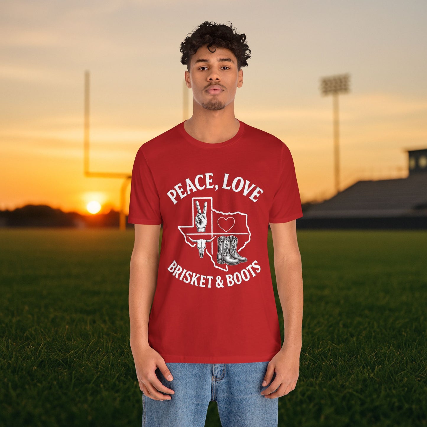 “Peace, Love, Brisket & Boots” Tee - Scarlet Cougar Edition