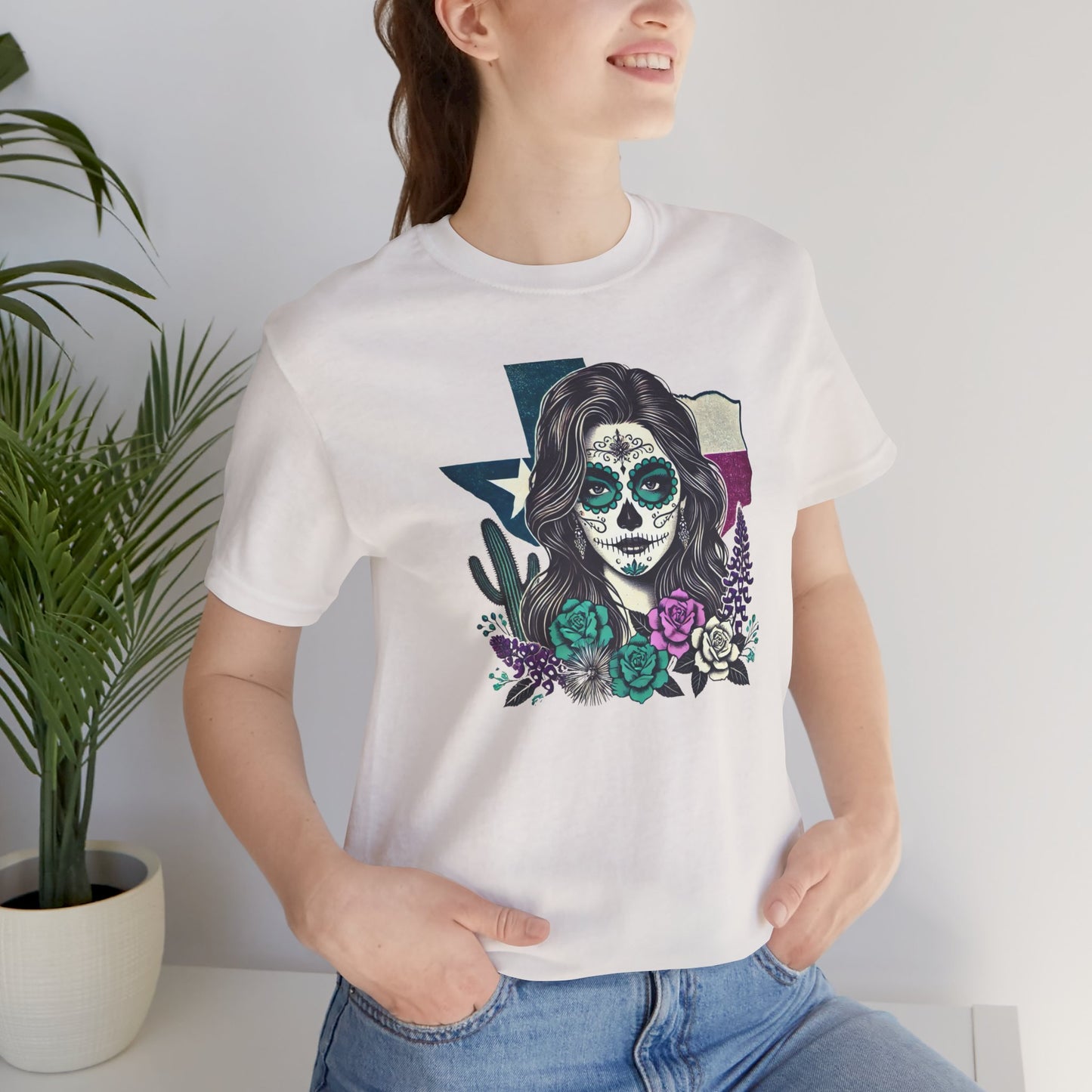 “Sugar Skull Texas Beauty” Tee - Day of the Dead inspired, Floral Design with Cactus and Roses