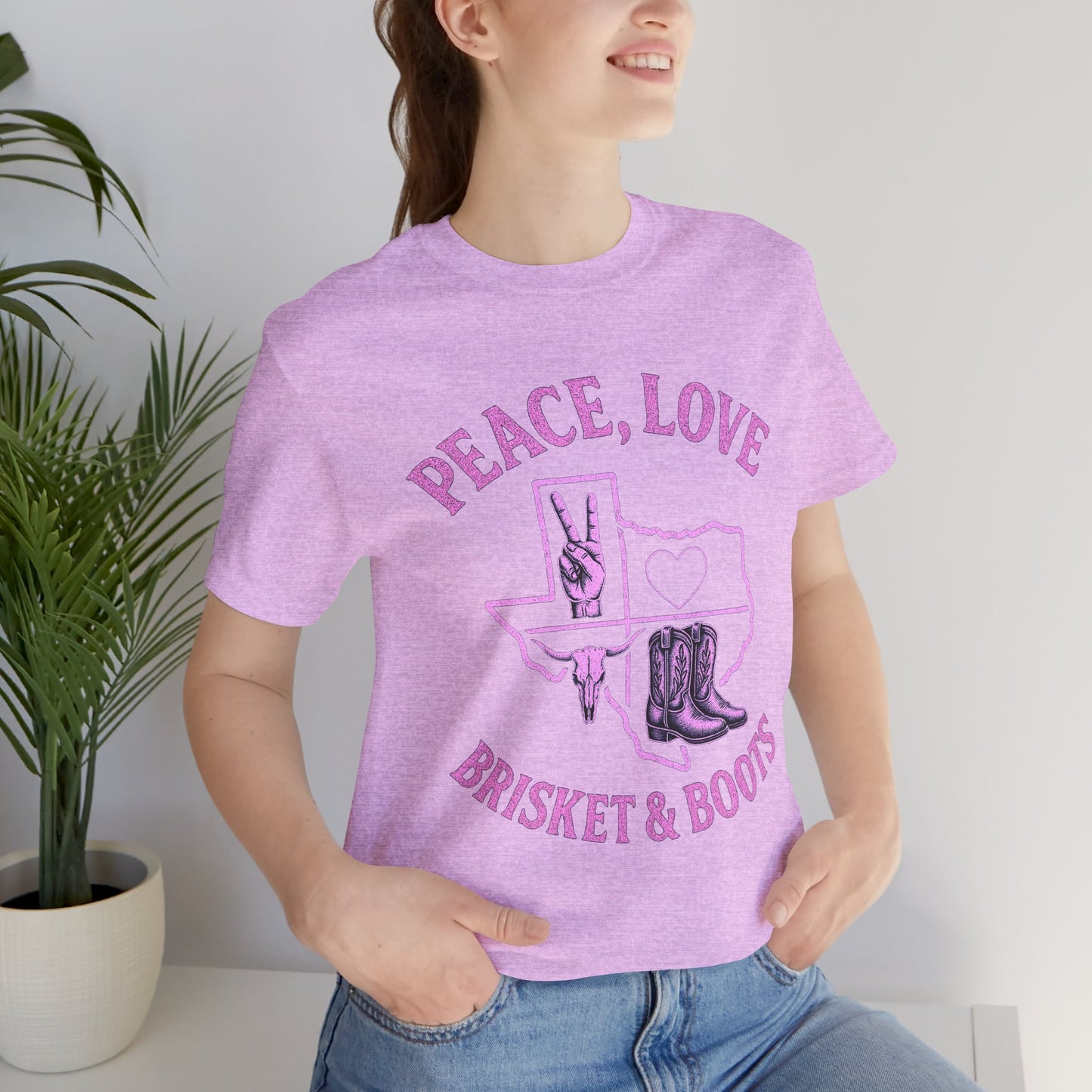 “Peace, Love, Brisket & Boots” Tee - Pink Pop Edition