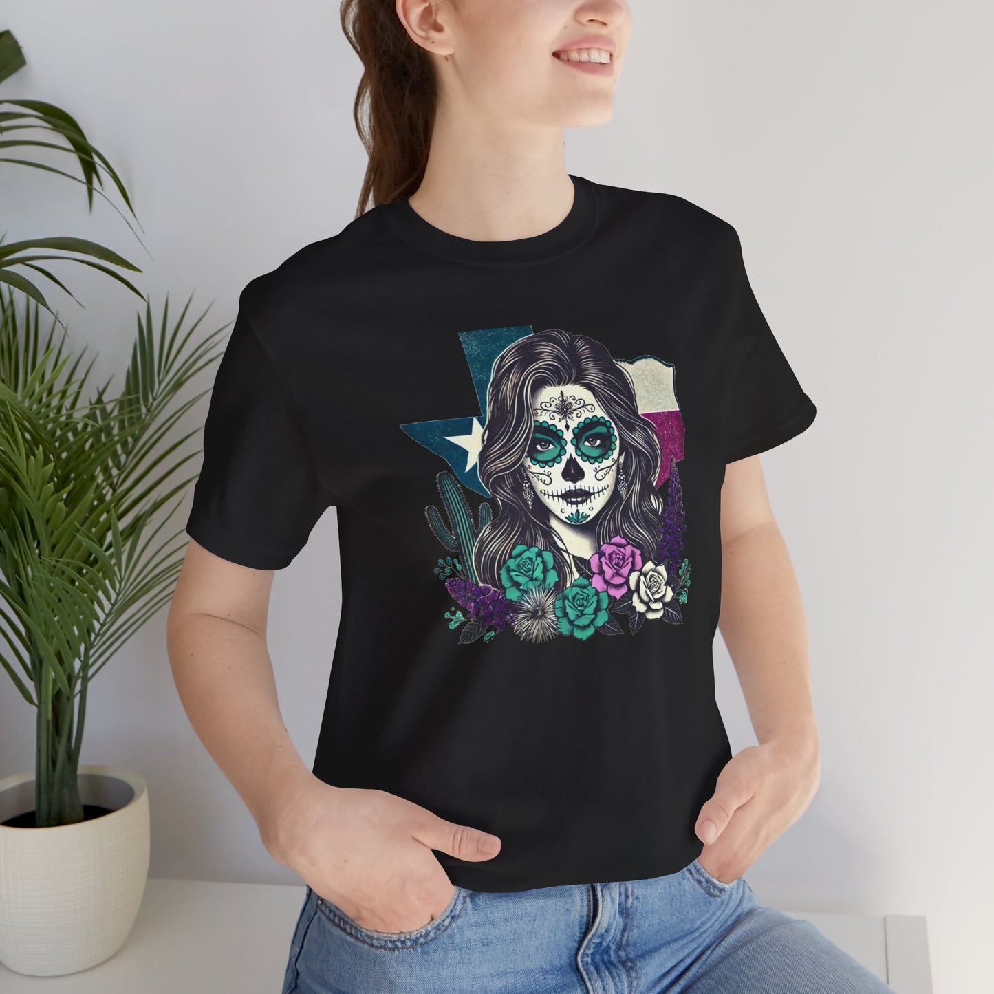 “Sugar Skull Texas Beauty” Tee - Day of the Dead inspired, Floral Design with Cactus and Roses