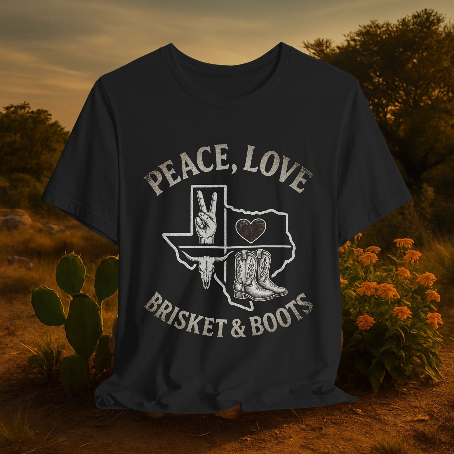 “Peace, Love, Brisket & Boots” Tee – Distressed Steel Edition