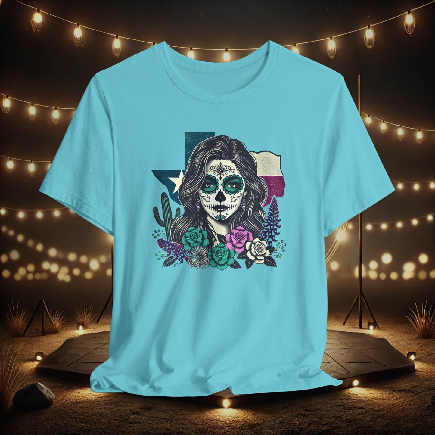 “Sugar Skull Texas Beauty” Tee - Day of the Dead inspired, Floral Design with Cactus and Roses