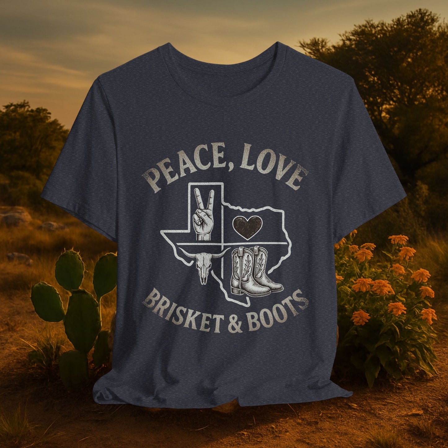 “Peace, Love, Brisket & Boots” Tee – Distressed Steel Edition
