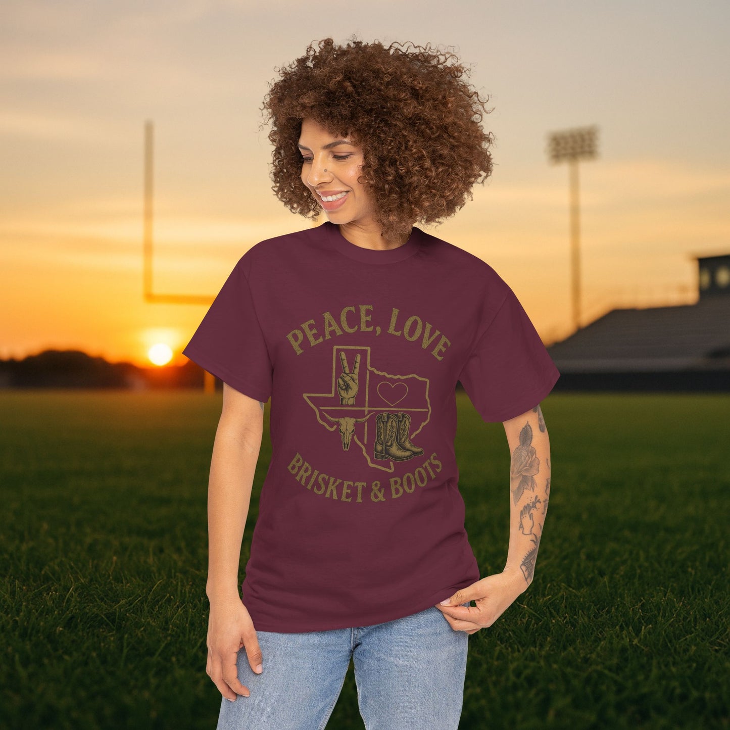 “Peace, Love, Brisket & Boots” Tee – Bobcat Spirit Edition