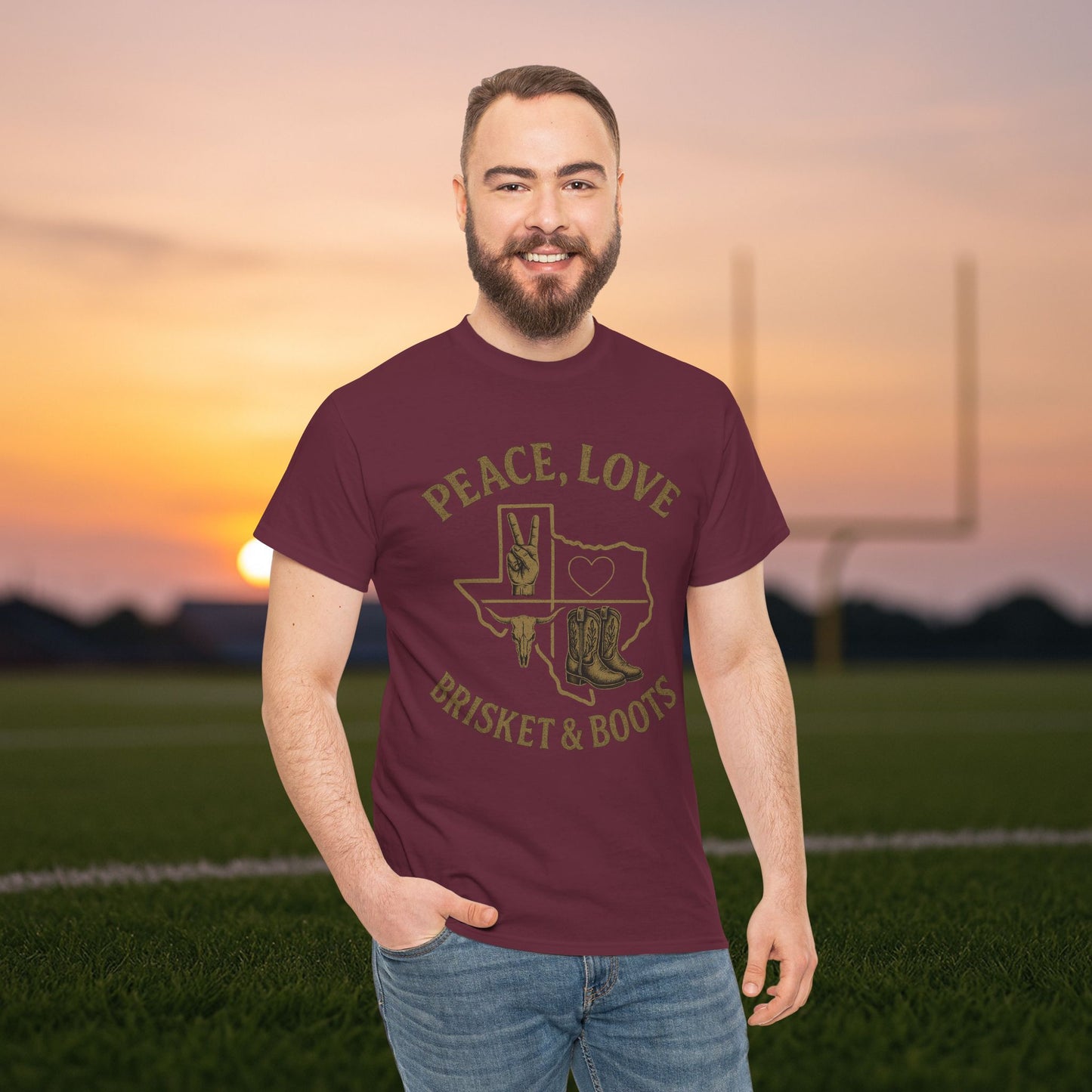 “Peace, Love, Brisket & Boots” Tee – Bobcat Spirit Edition