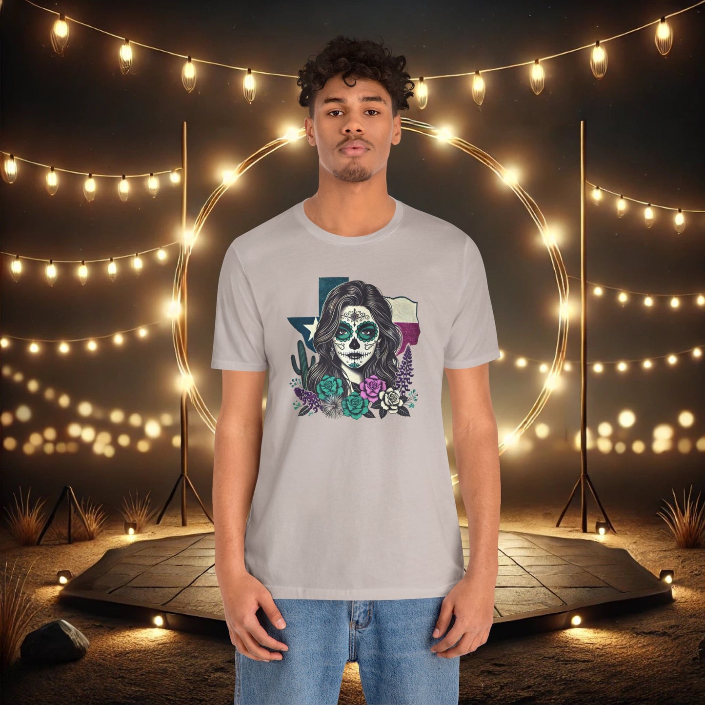 “Sugar Skull Texas Beauty” Tee - Day of the Dead inspired, Floral Design with Cactus and Roses