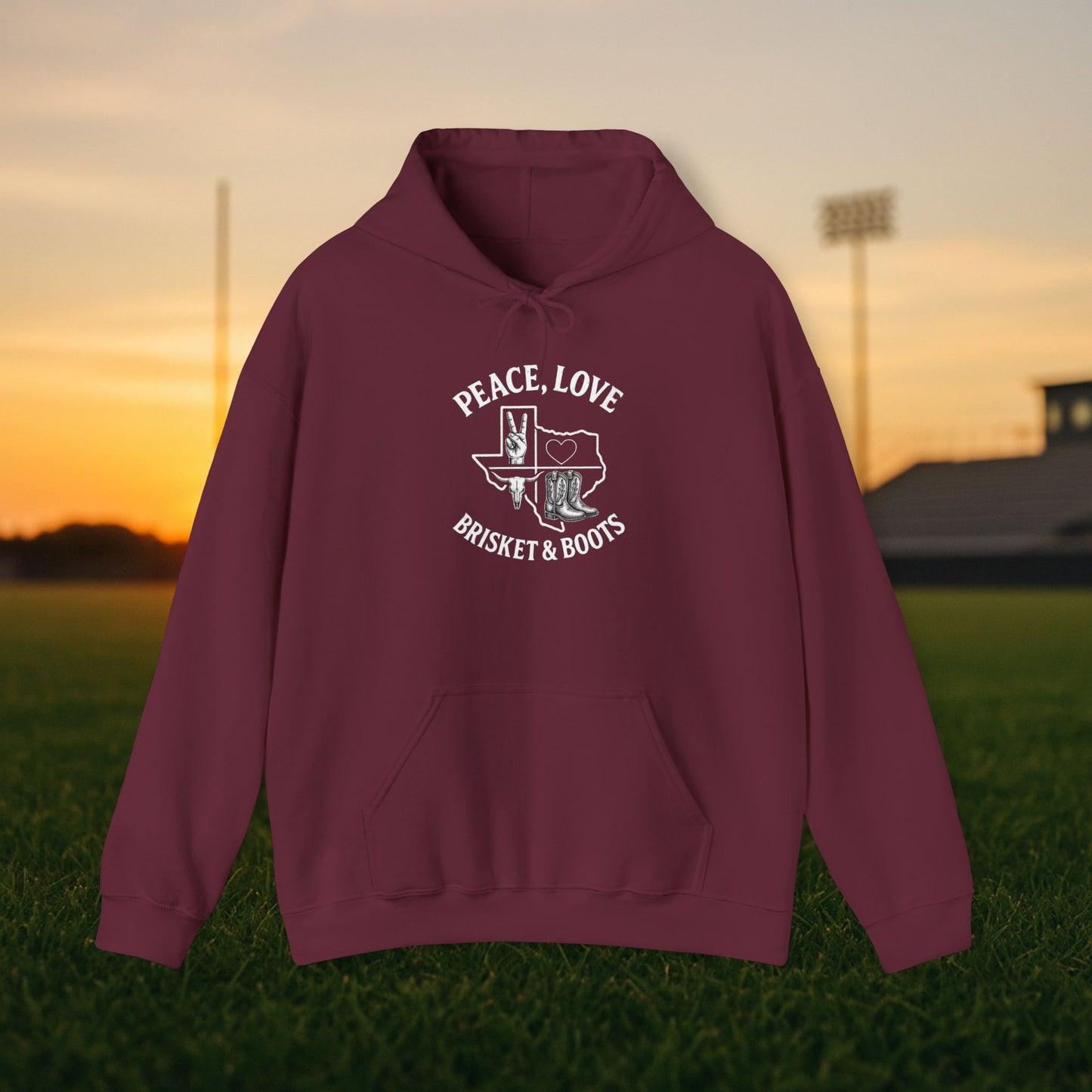 “Peace, Love, Brisket & Boots” Gildan Heavy Blend – Aggieland Edition