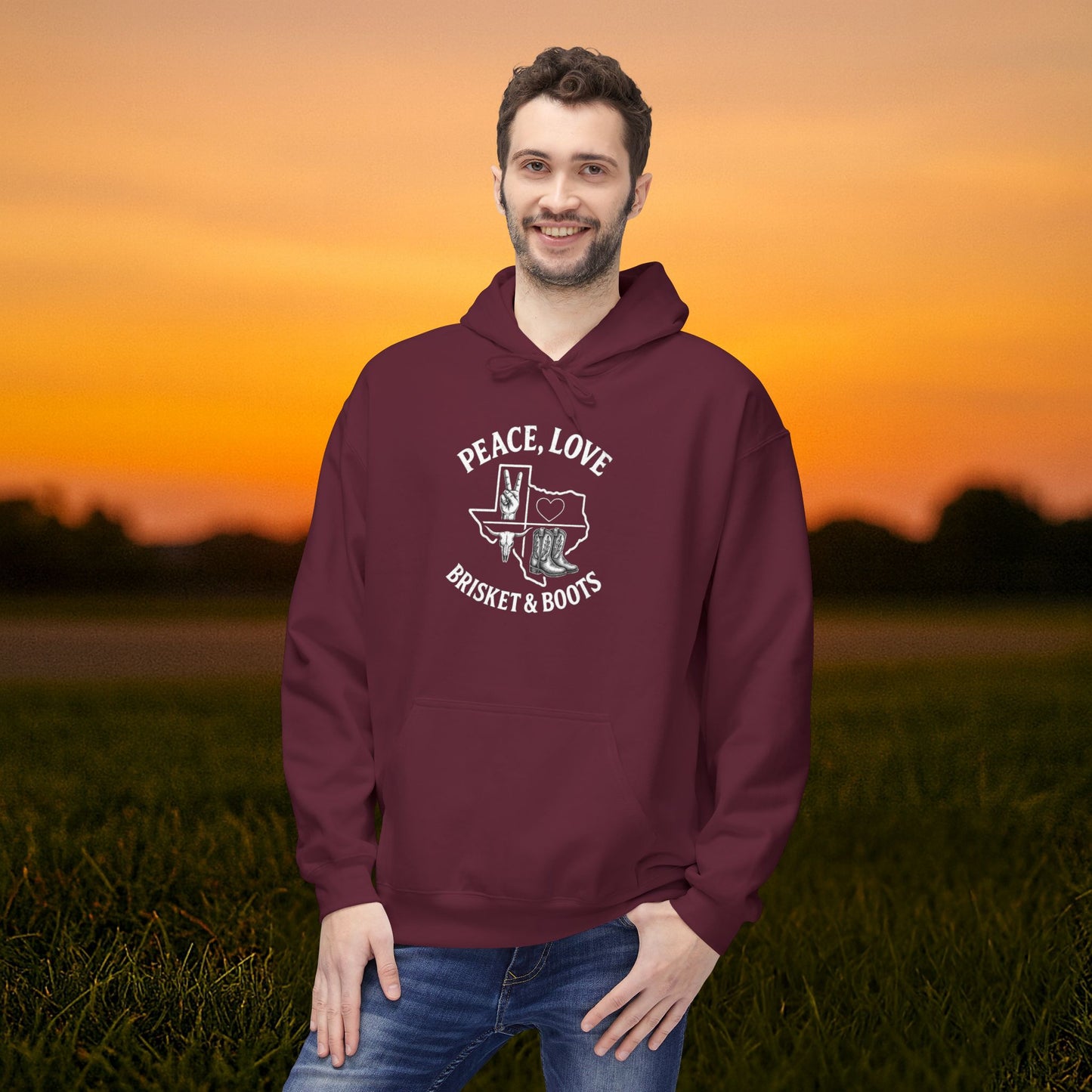 “Peace, Love, Brisket & Boots” Gildan Softstyle Hoodie – Aggieland Edition