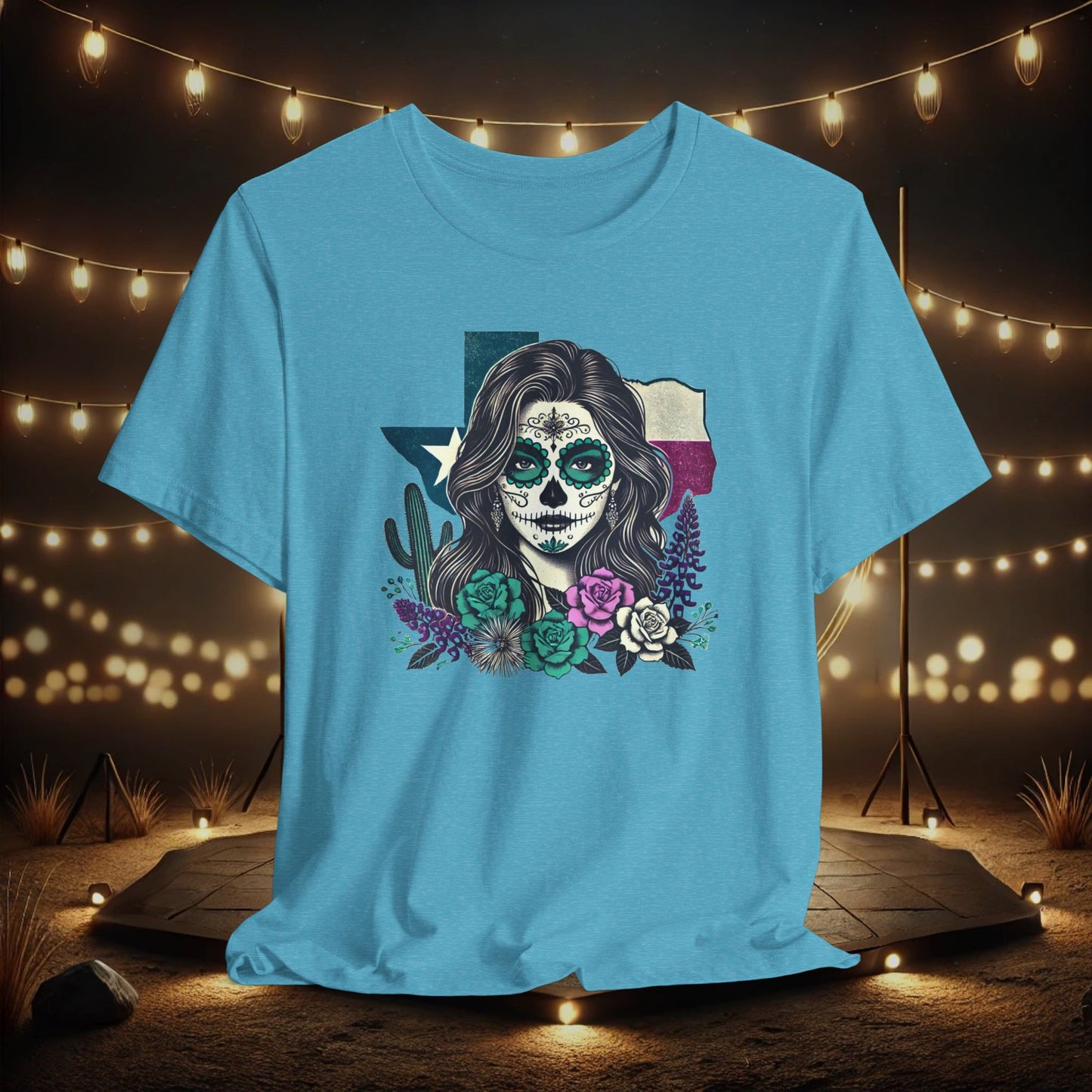 “Sugar Skull Texas Beauty” Tee - Day of the Dead inspired, Floral Design with Cactus and Roses