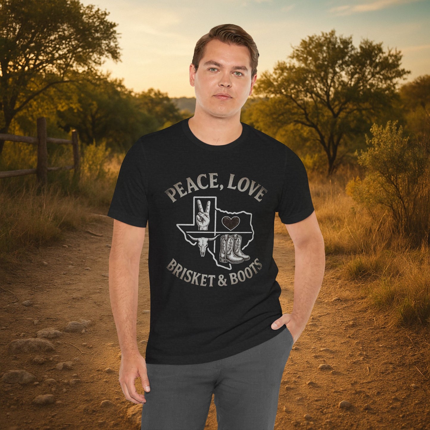 “Peace, Love, Brisket & Boots” Tee – Distressed Steel Edition