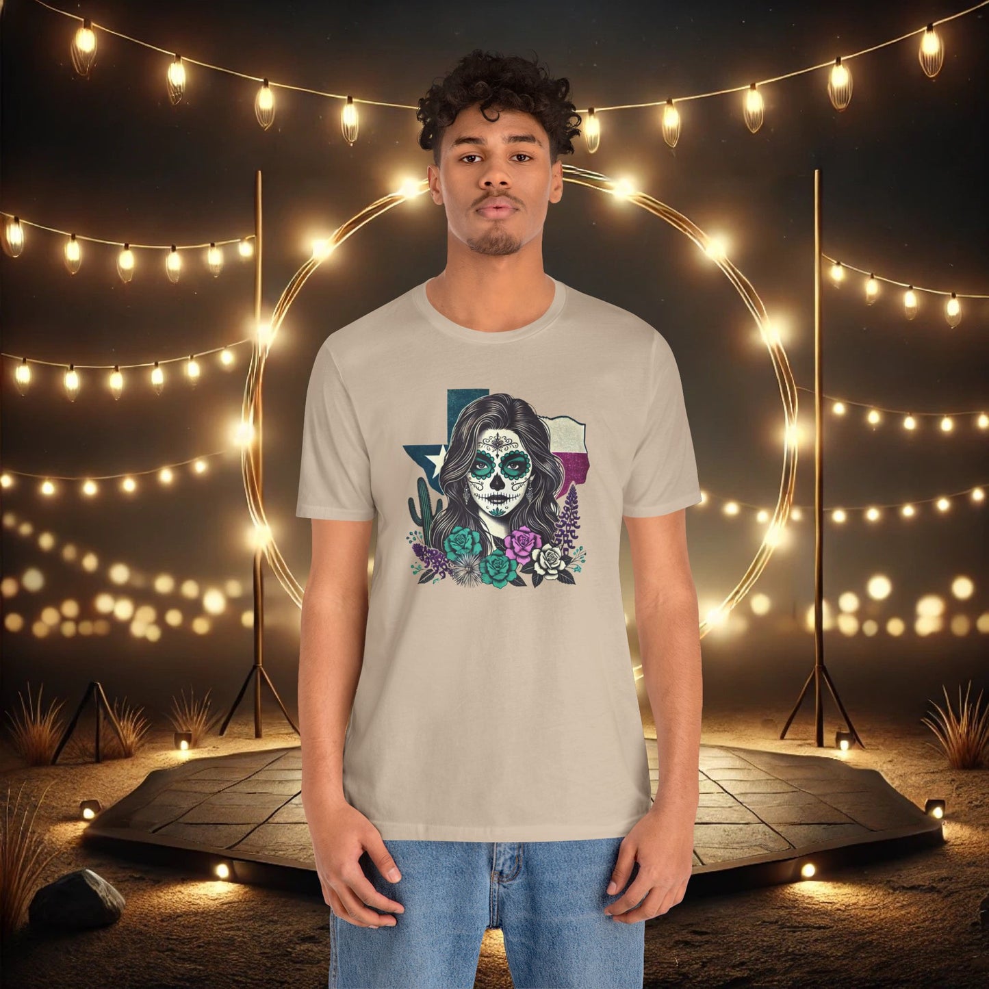 “Sugar Skull Texas Beauty” Tee - Day of the Dead inspired, Floral Design with Cactus and Roses