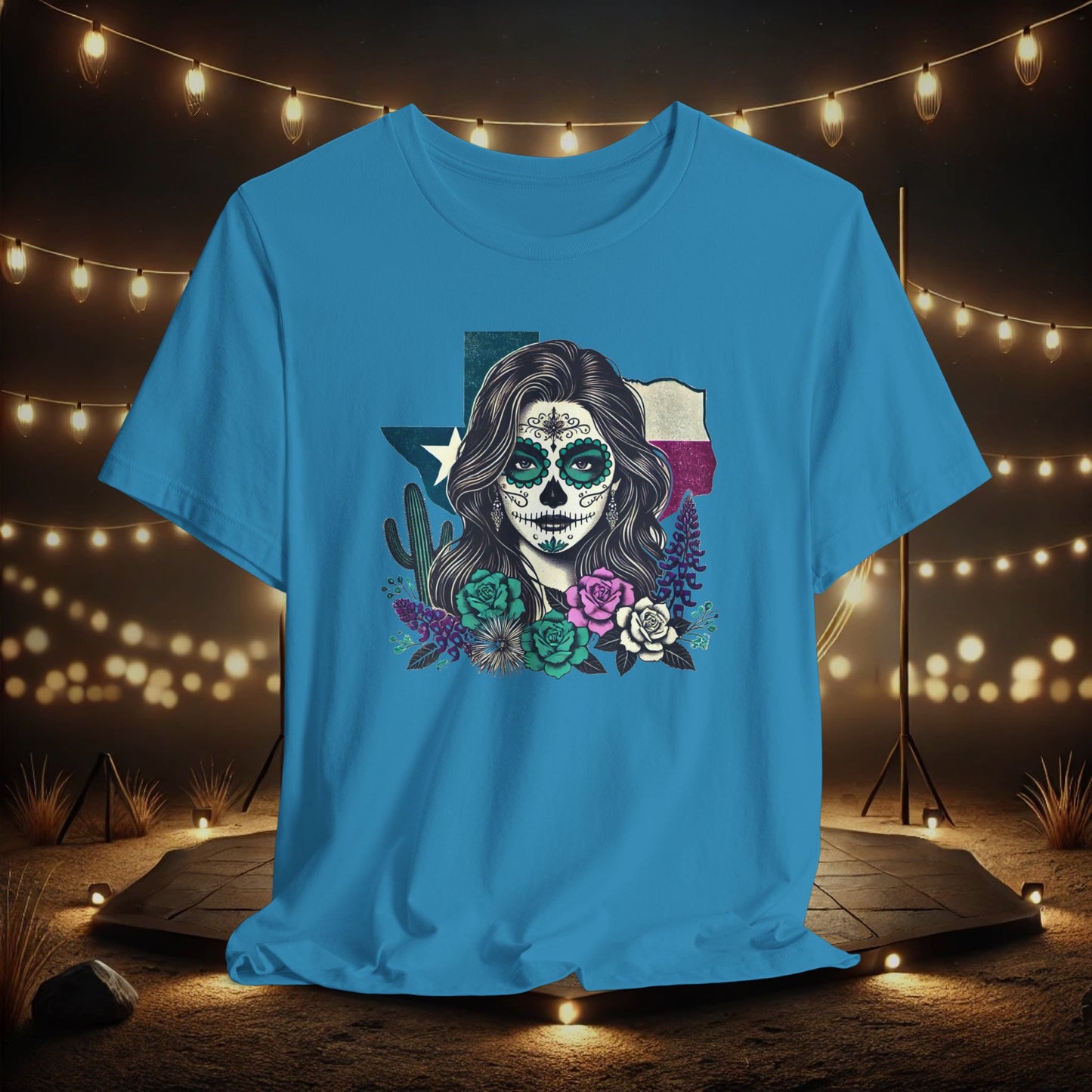 “Sugar Skull Texas Beauty” Tee - Day of the Dead inspired, Floral Design with Cactus and Roses