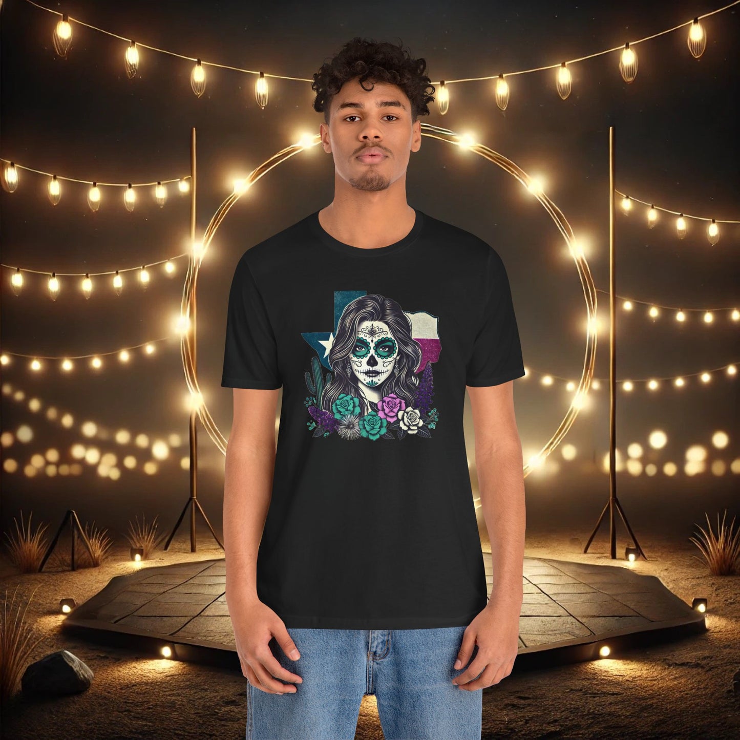 “Sugar Skull Texas Beauty” Tee - Day of the Dead inspired, Floral Design with Cactus and Roses