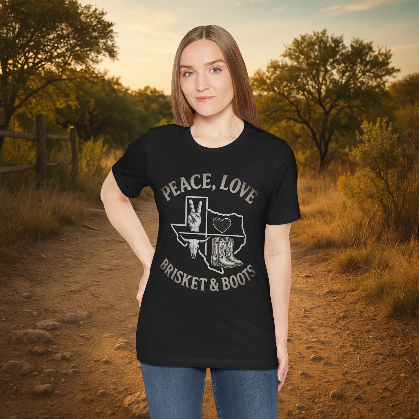 “Peace, Love, Brisket & Boots” Tee – Distressed Steel Edition