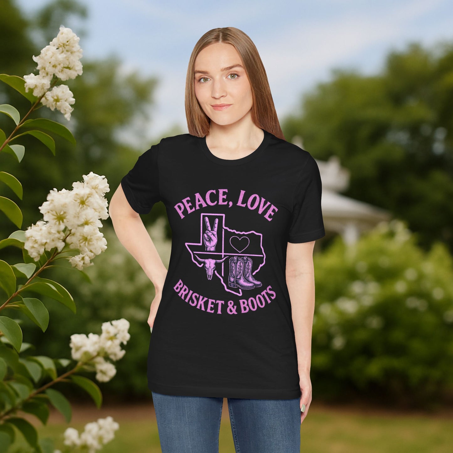 “Peace, Love, Brisket & Boots” Tee - Pink Pop Edition
