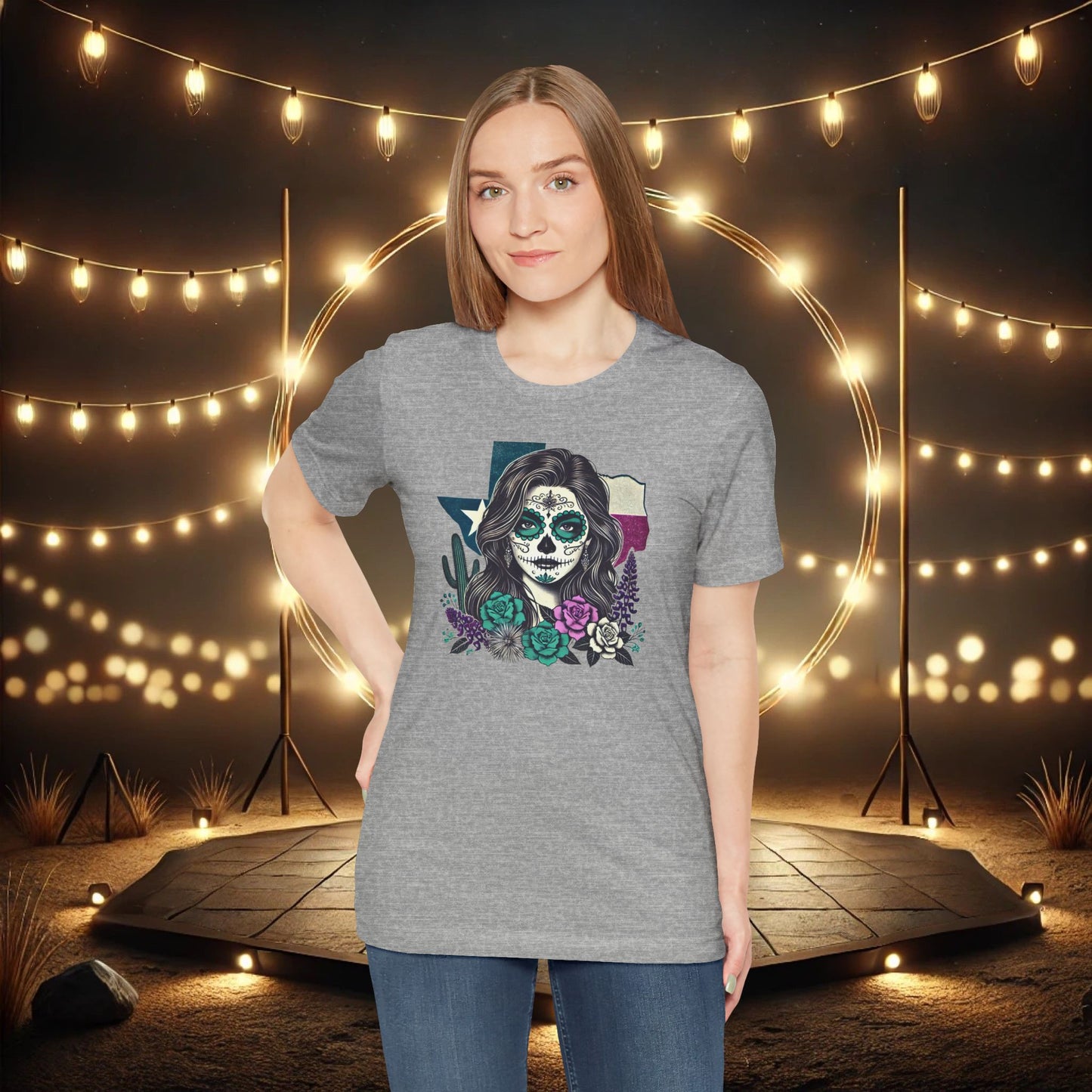“Sugar Skull Texas Beauty” Tee - Day of the Dead inspired, Floral Design with Cactus and Roses