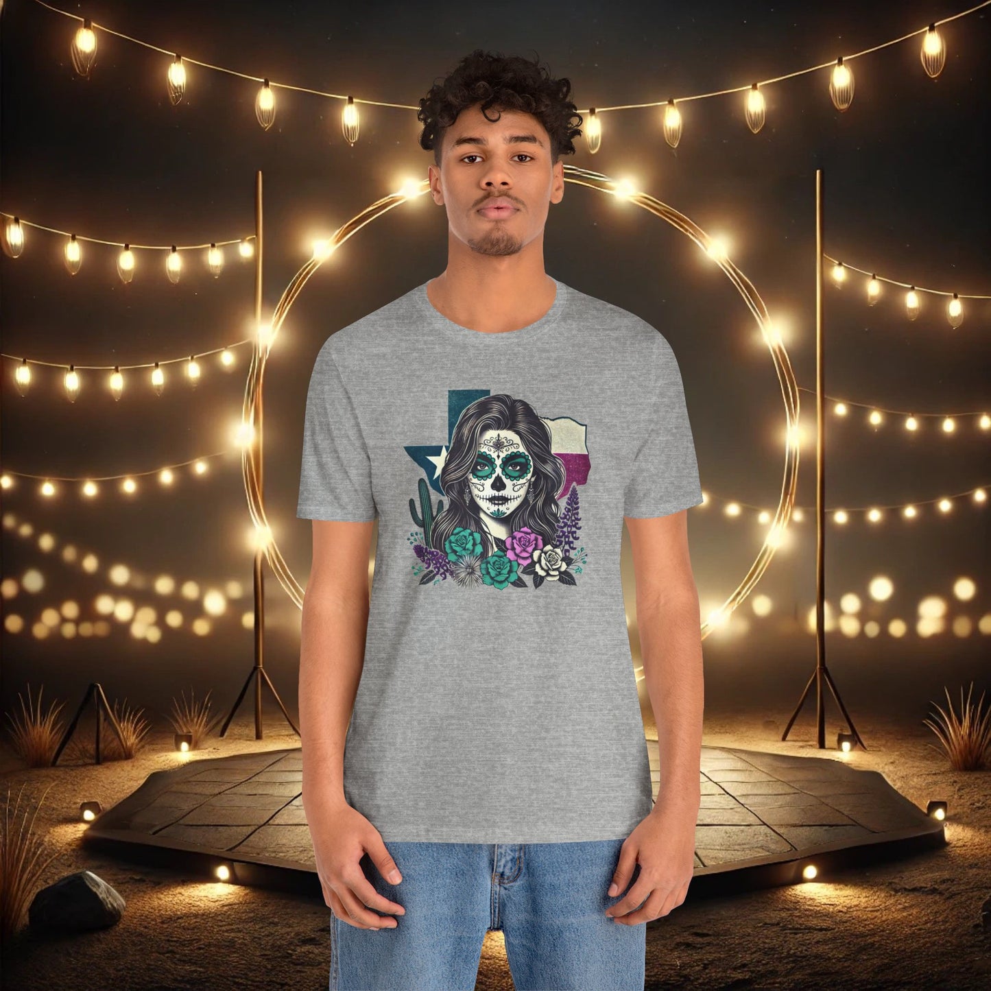 “Sugar Skull Texas Beauty” Tee - Day of the Dead inspired, Floral Design with Cactus and Roses