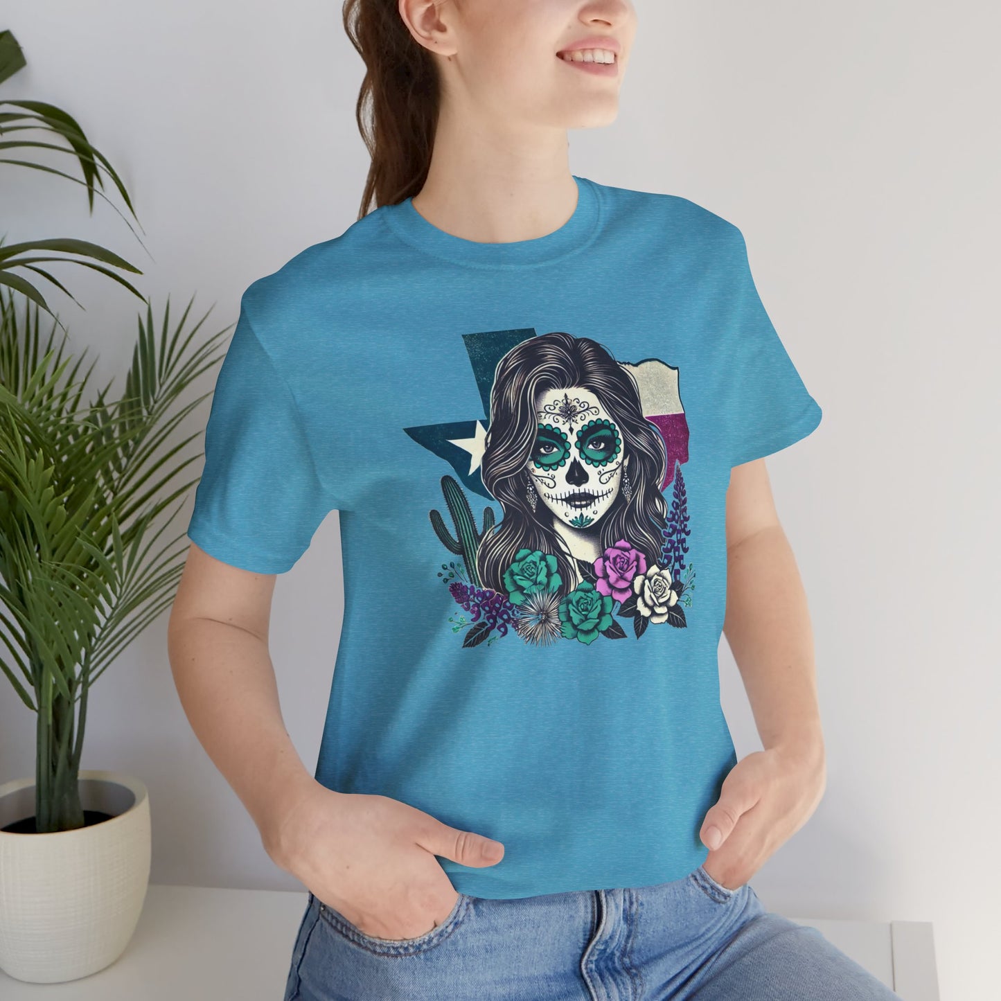 “Sugar Skull Texas Beauty” Tee - Day of the Dead inspired, Floral Design with Cactus and Roses
