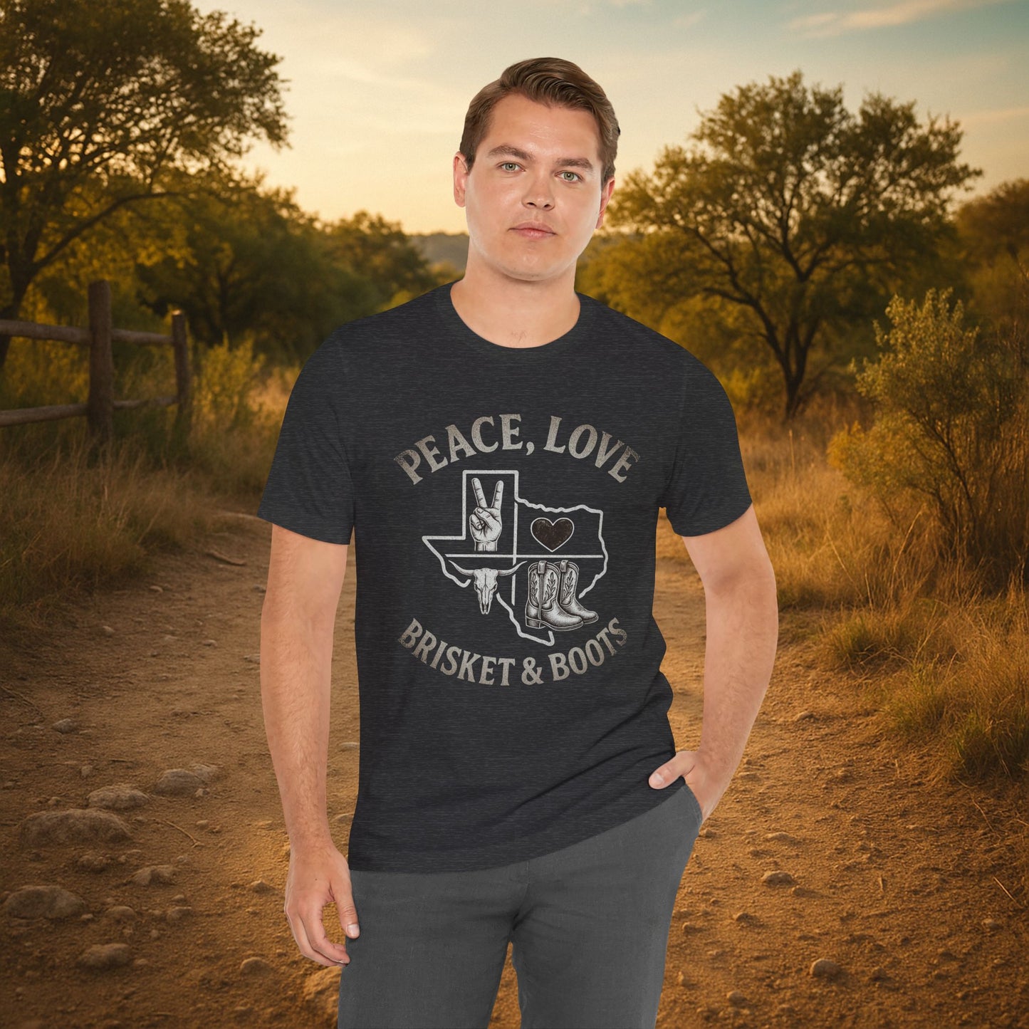 “Peace, Love, Brisket & Boots” Tee – Distressed Steel Edition