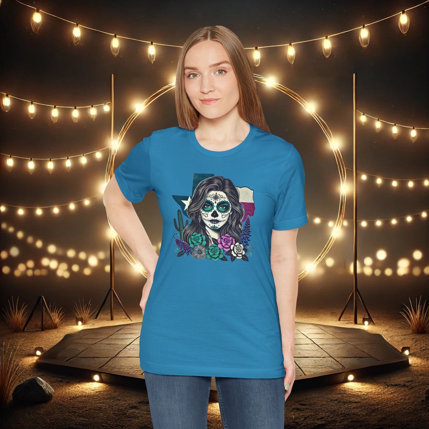 “Sugar Skull Texas Beauty” Tee - Day of the Dead inspired, Floral Design with Cactus and Roses