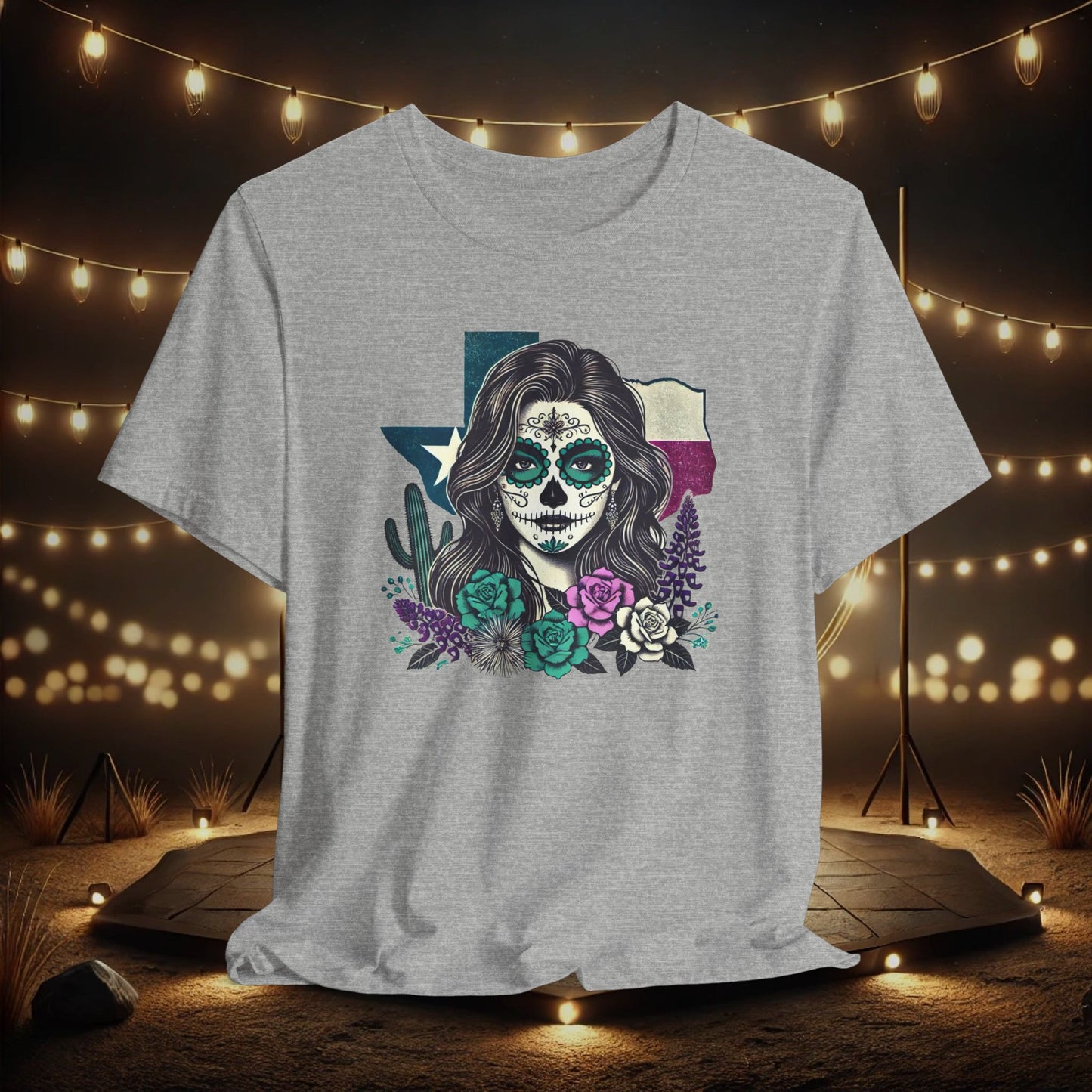 “Sugar Skull Texas Beauty” Tee - Day of the Dead inspired, Floral Design with Cactus and Roses