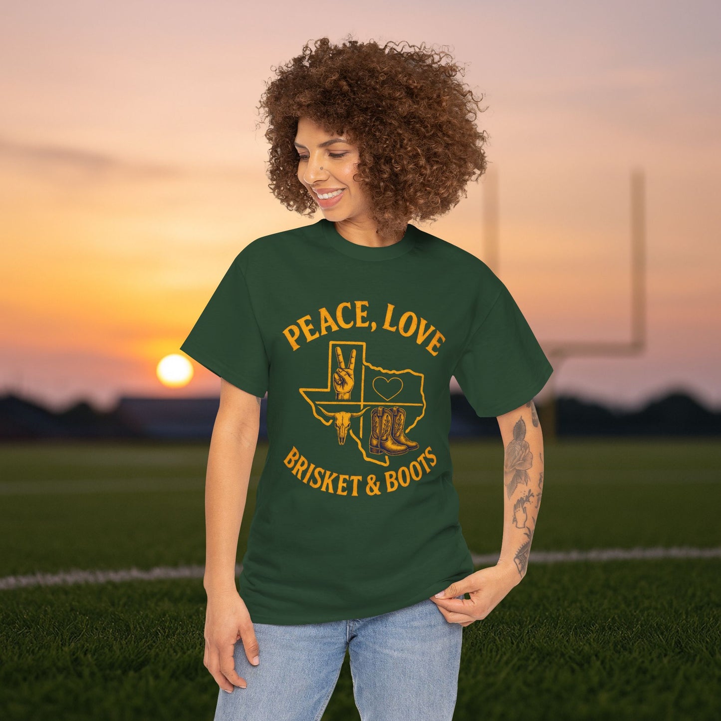 “Peace, Love, Brisket & Boots” Tee – Forest Green and University Gold Edition