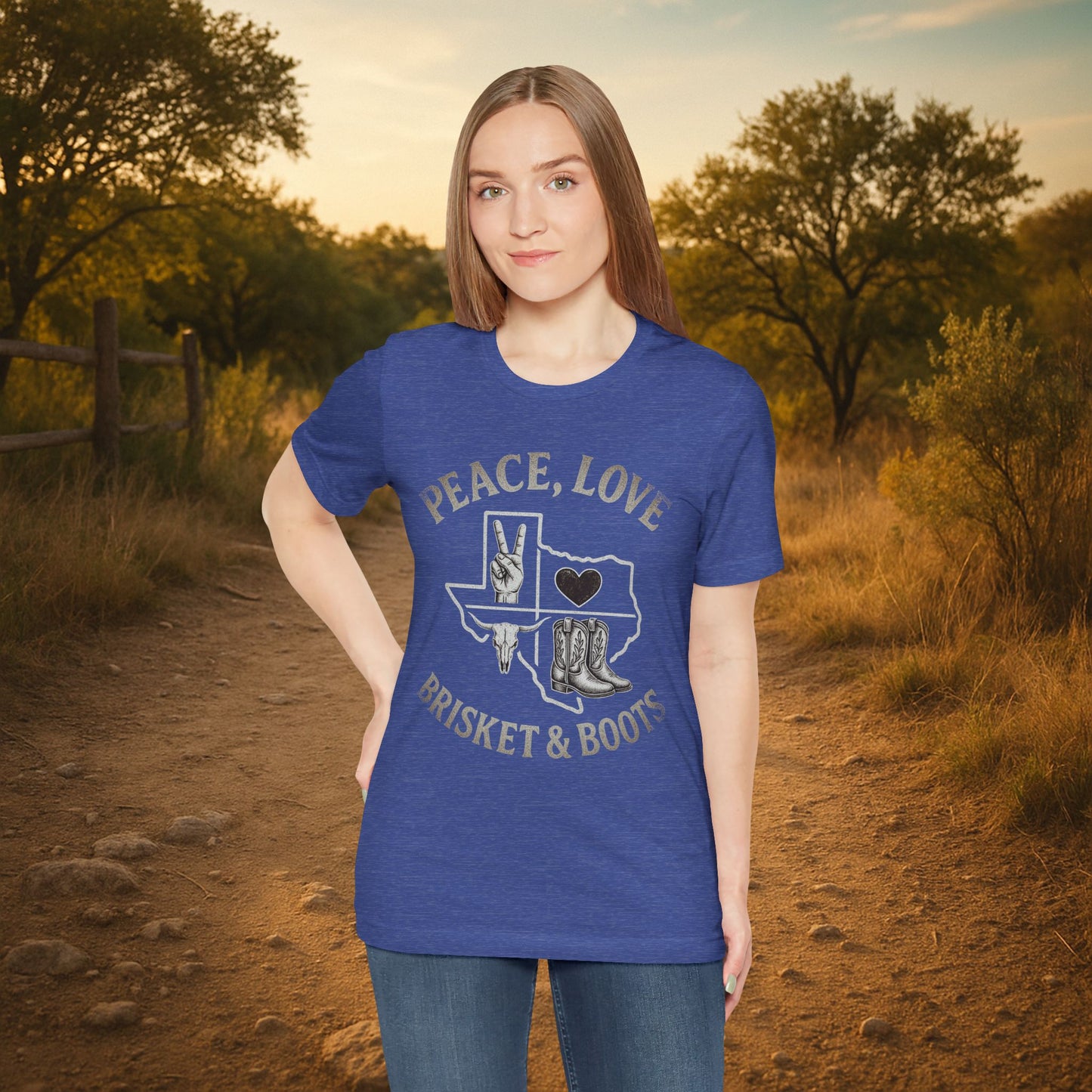 “Peace, Love, Brisket & Boots” Tee – Distressed Steel Edition