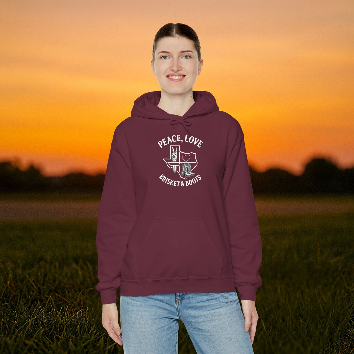 “Peace, Love, Brisket & Boots” Gildan Heavy Blend – Aggieland Edition