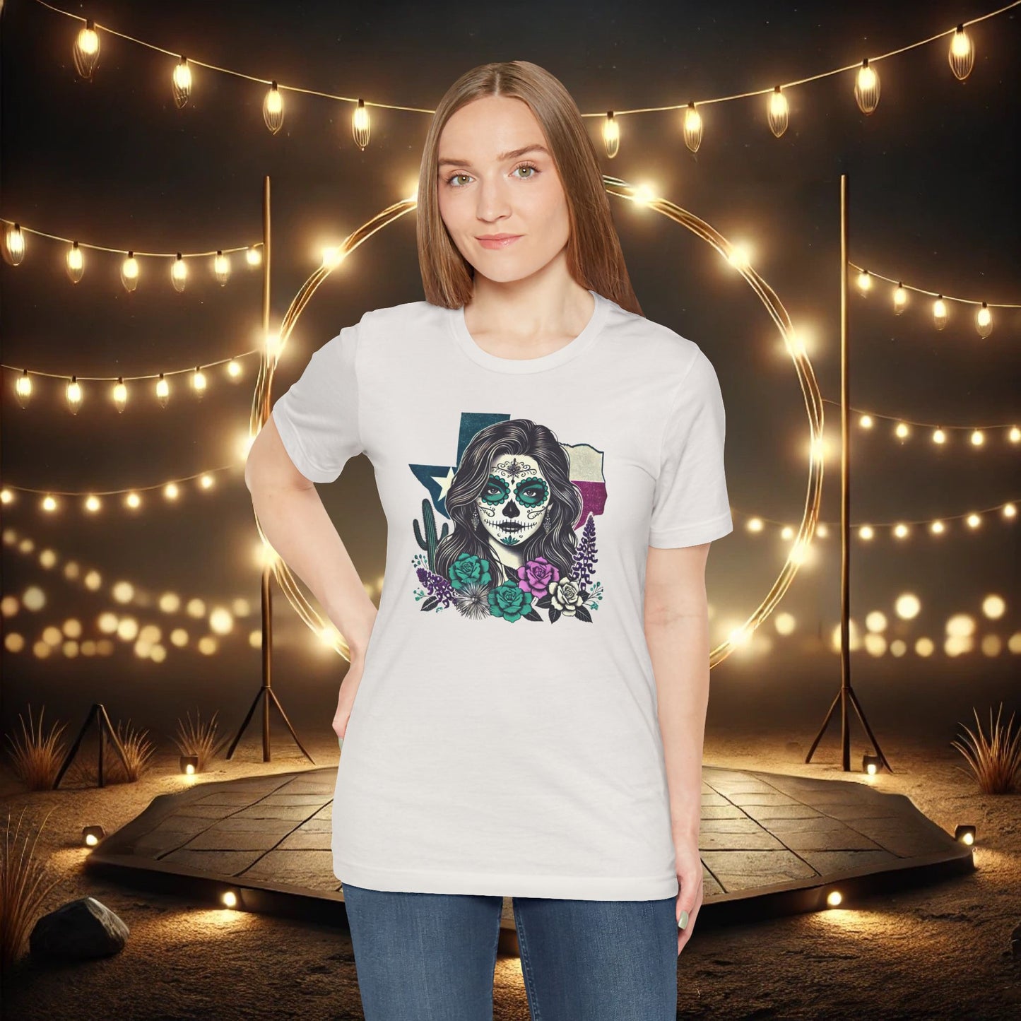 “Sugar Skull Texas Beauty” Tee - Day of the Dead inspired, Floral Design with Cactus and Roses