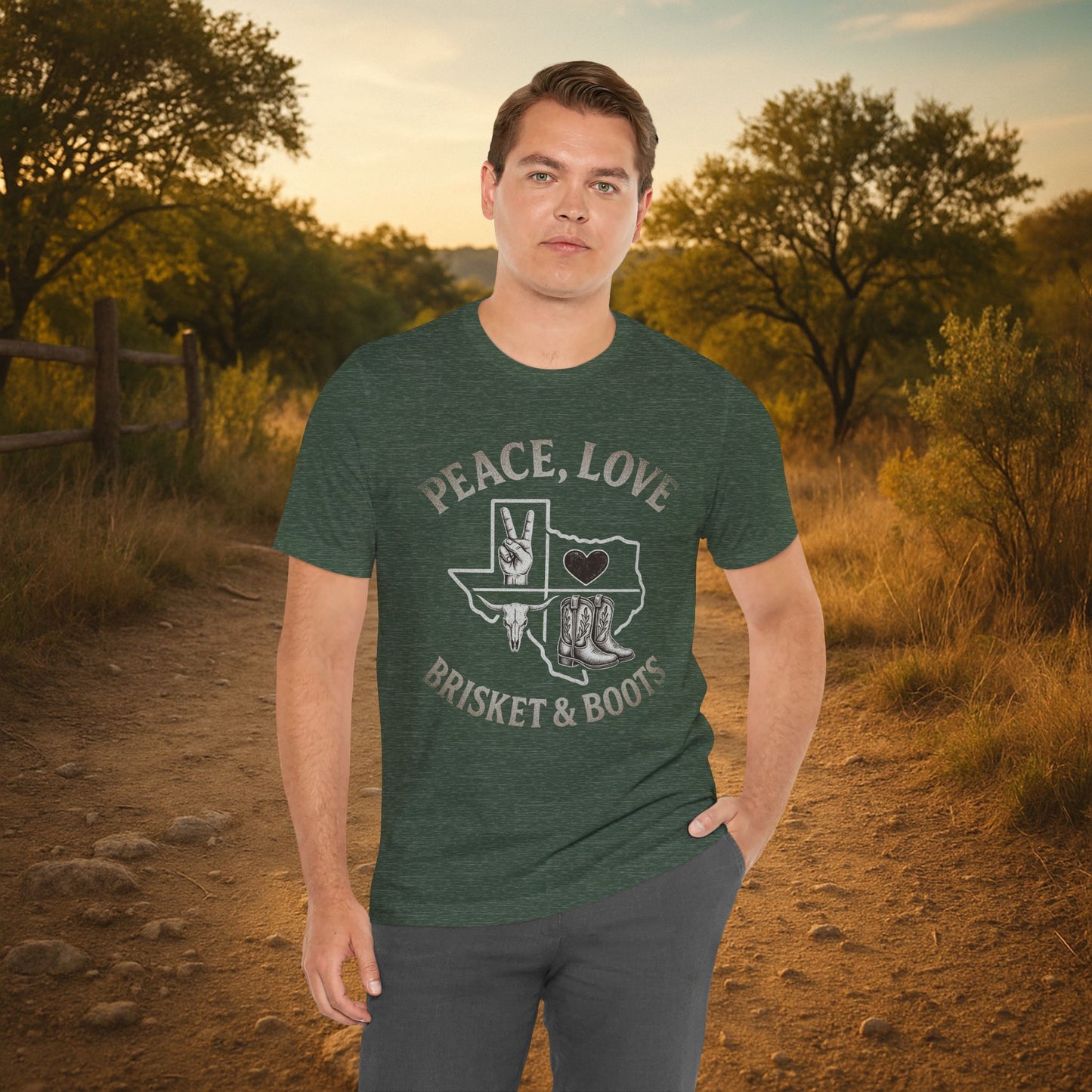 “Peace, Love, Brisket & Boots” Tee – Distressed Steel Edition