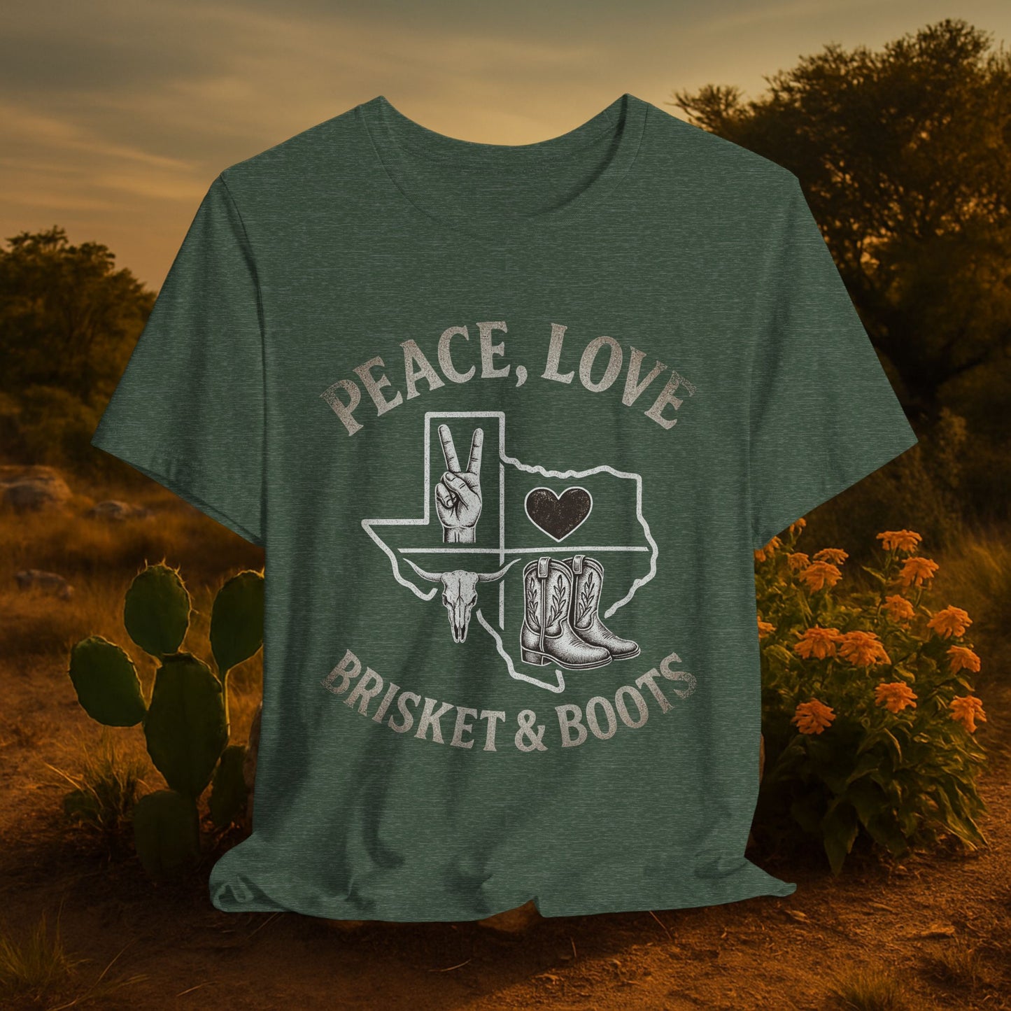 “Peace, Love, Brisket & Boots” Tee – Distressed Steel Edition