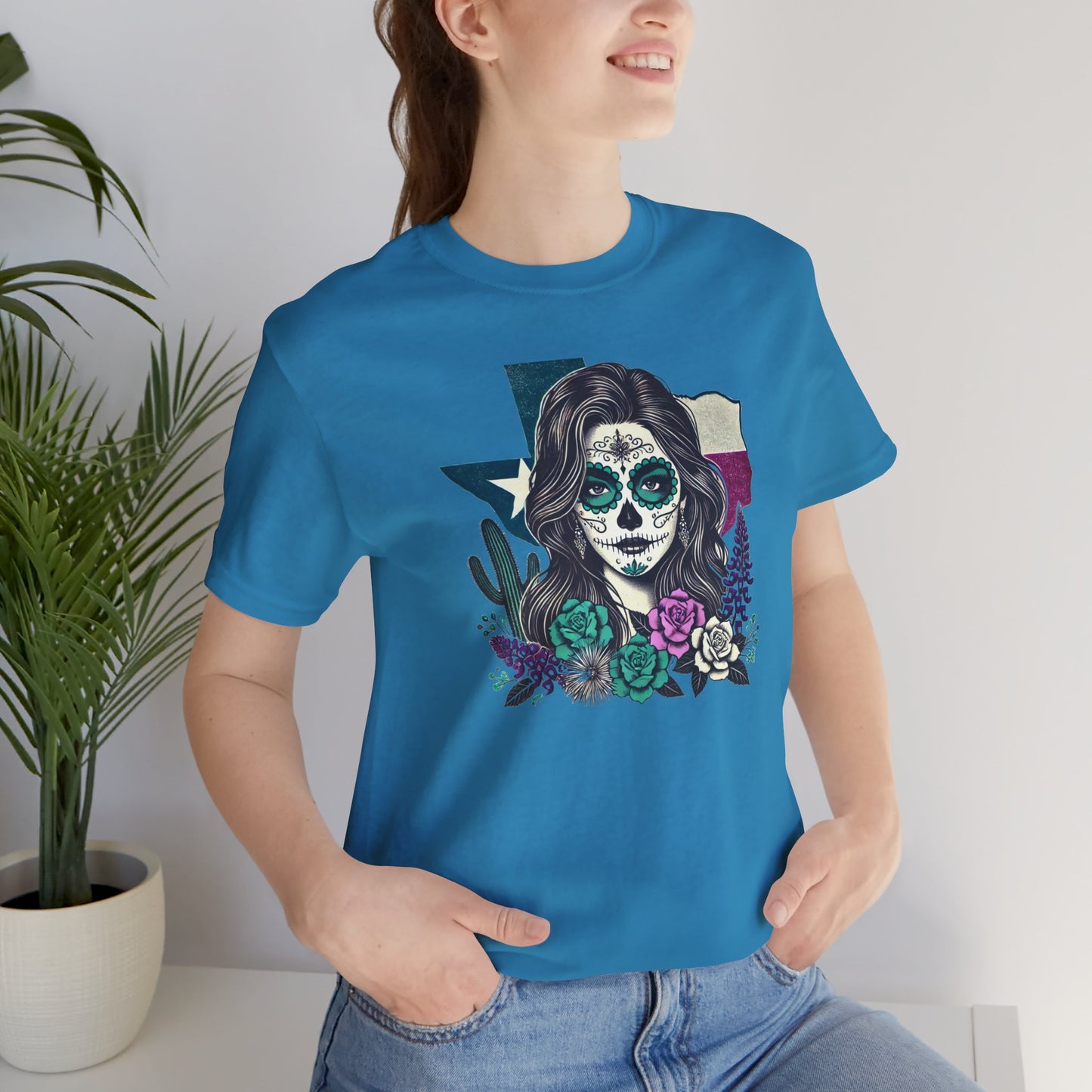 “Sugar Skull Texas Beauty” Tee - Day of the Dead inspired, Floral Design with Cactus and Roses