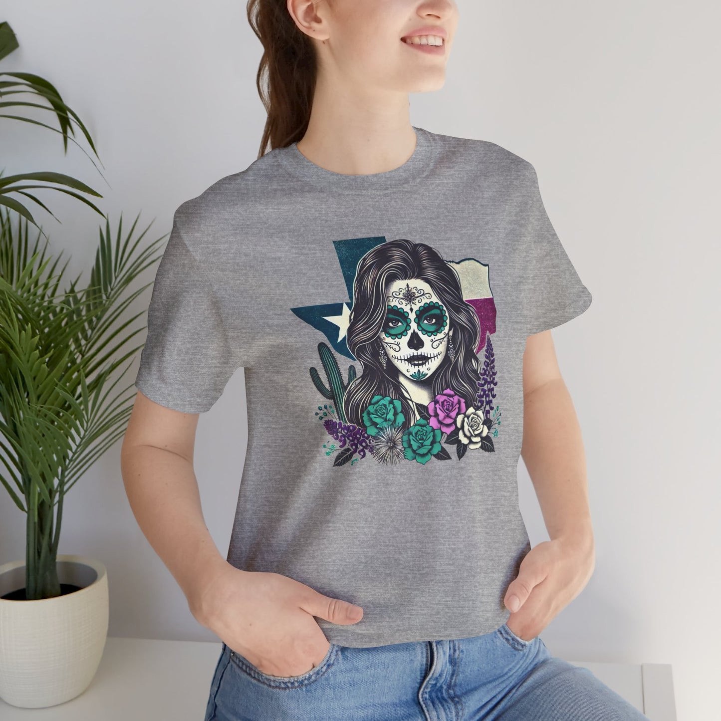 “Sugar Skull Texas Beauty” Tee - Day of the Dead inspired, Floral Design with Cactus and Roses