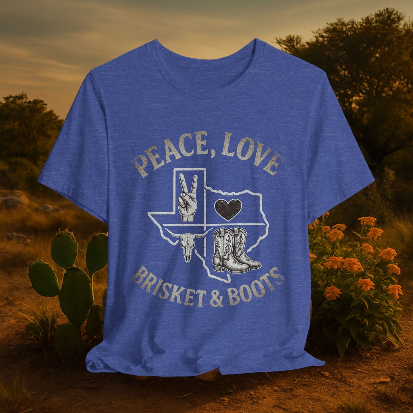 “Peace, Love, Brisket & Boots” Tee – Distressed Steel Edition