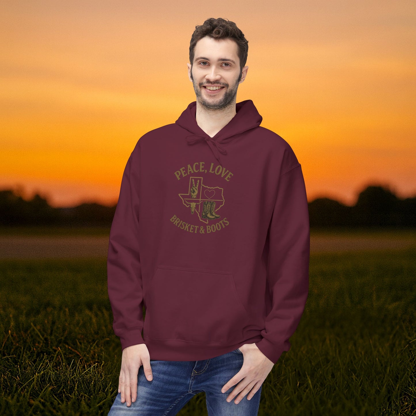 “Peace, Love, Brisket & Boots” Gildan Softstyle Hoodie – Bobcat Spirit Edition