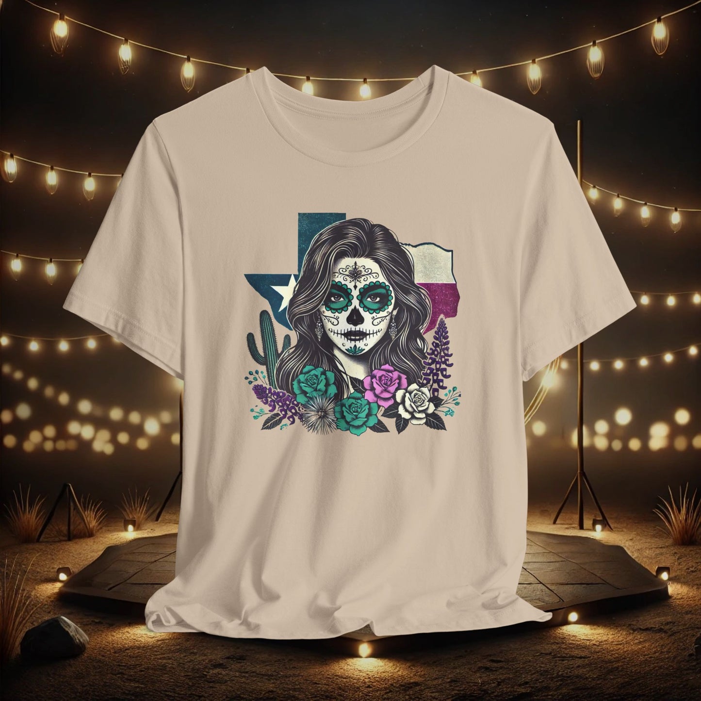 “Sugar Skull Texas Beauty” Tee - Day of the Dead inspired, Floral Design with Cactus and Roses