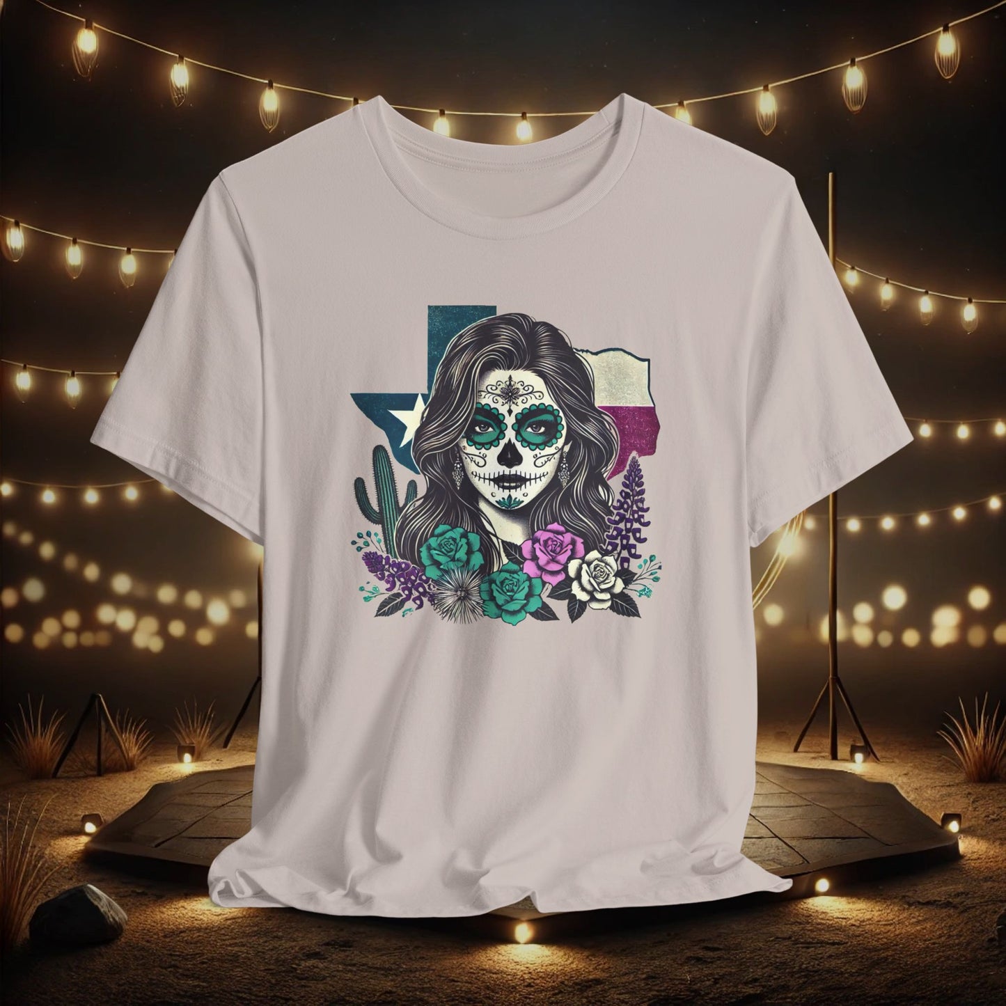 “Sugar Skull Texas Beauty” Tee - Day of the Dead inspired, Floral Design with Cactus and Roses