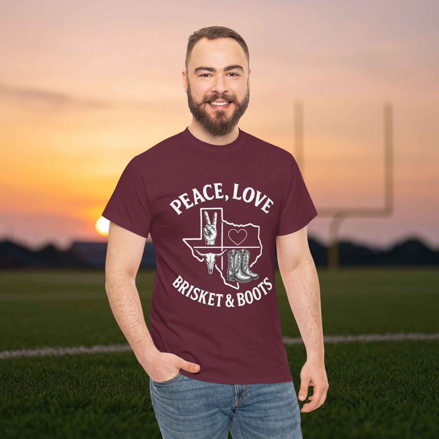 “Peace, Love, Brisket & Boots” Tee – Aggieland Edition