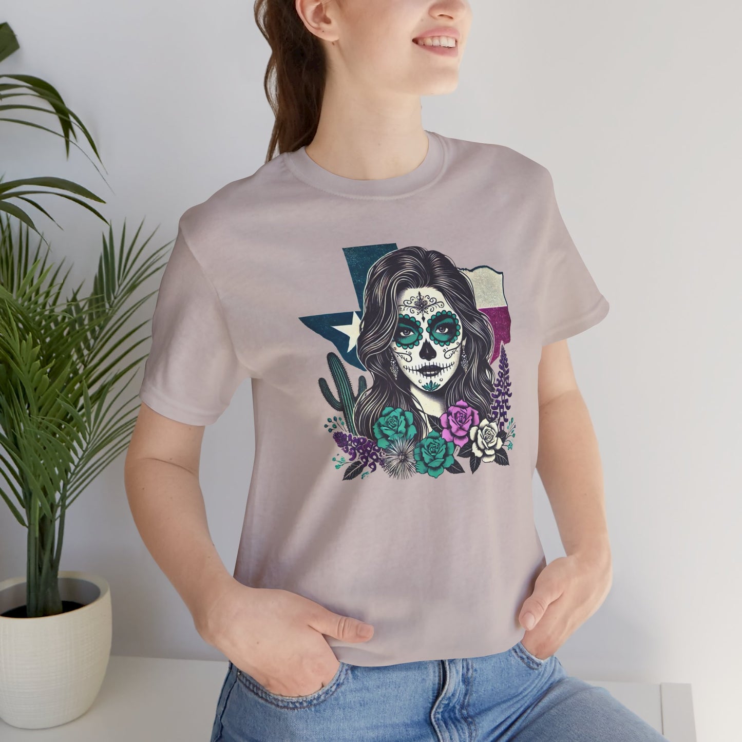 “Sugar Skull Texas Beauty” Tee - Day of the Dead inspired, Floral Design with Cactus and Roses