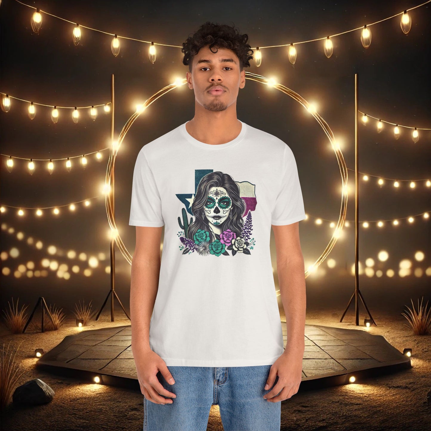 “Sugar Skull Texas Beauty” Tee - Day of the Dead inspired, Floral Design with Cactus and Roses