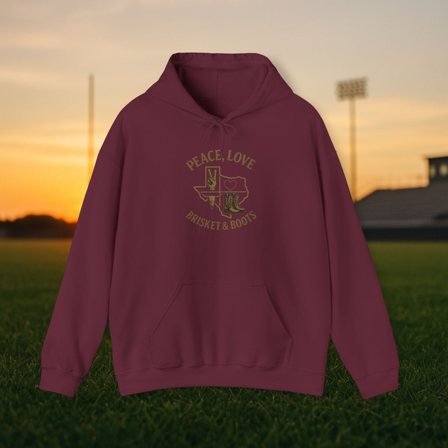 “Peace, Love, Brisket & Boots” Sweatshirt – Bobcat Spirit Edition
